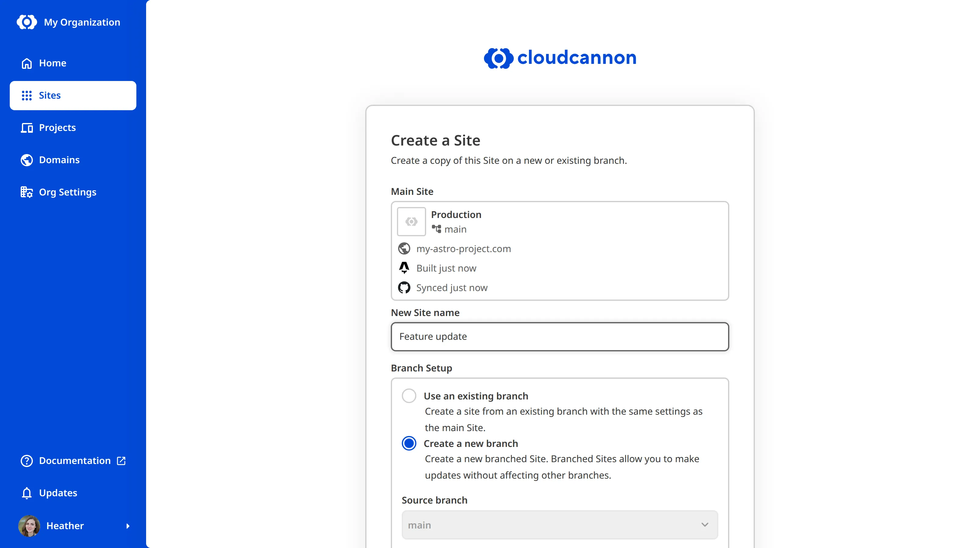 A screenshot of the Create a Site page within a Project, showing the Source branch field set to the Project's Main Branch.