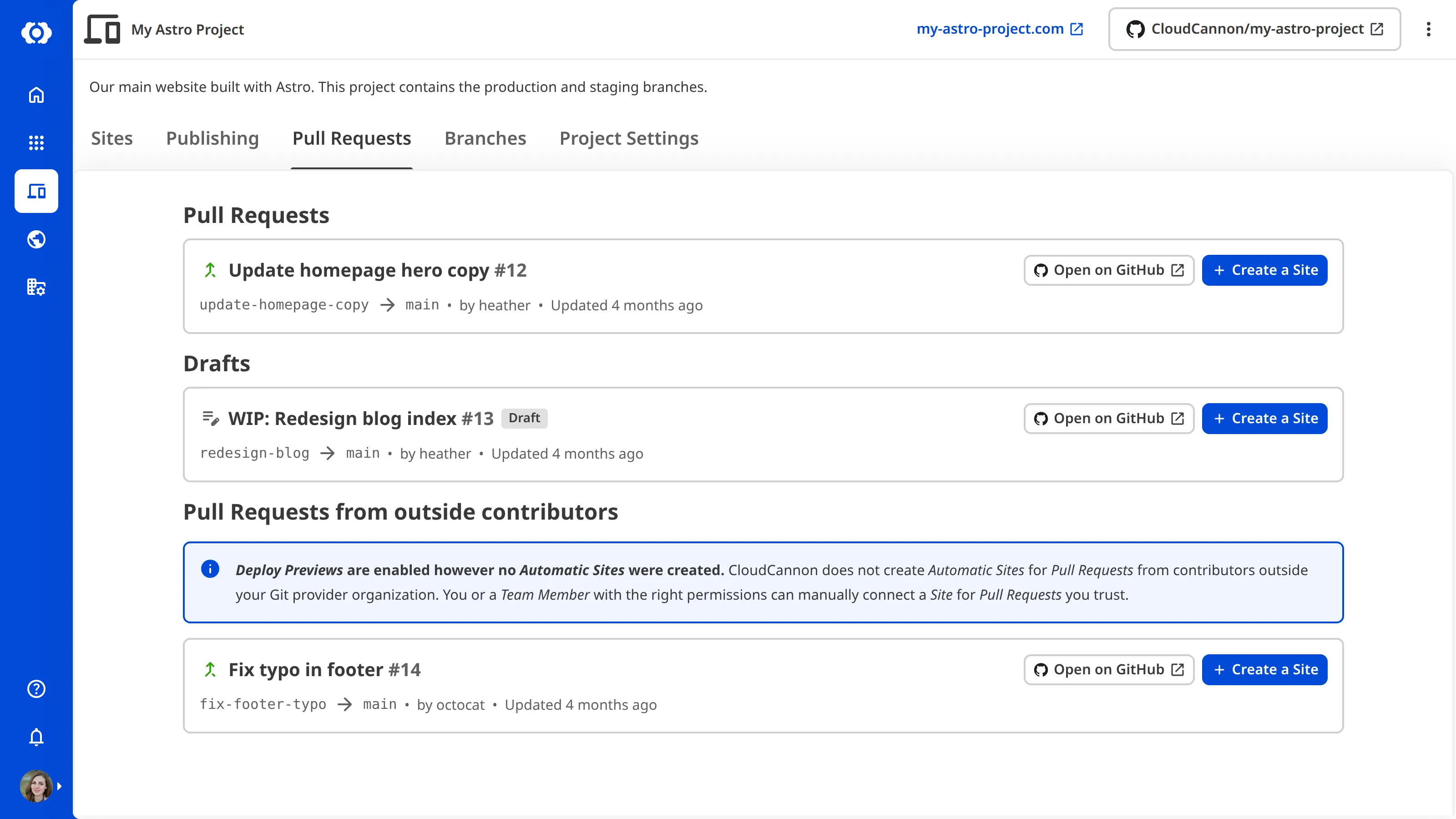 A screenshot of the Pull Requests tab showing the Pull Requests from outside contributors section with the info notice and a fork Pull Request.