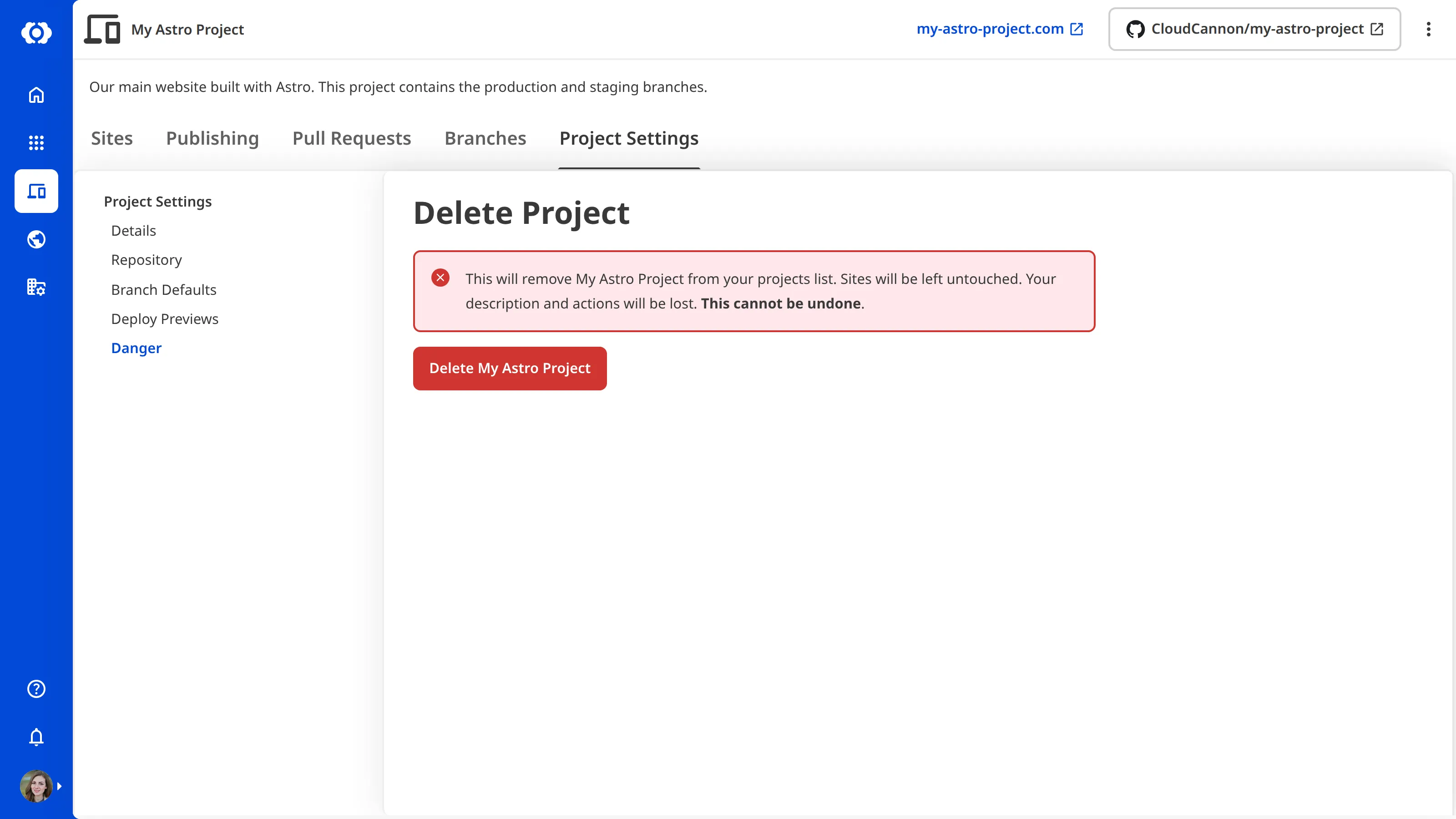 A screenshot of the Danger section in Project Settings, showing the warning text and the Delete Project button.