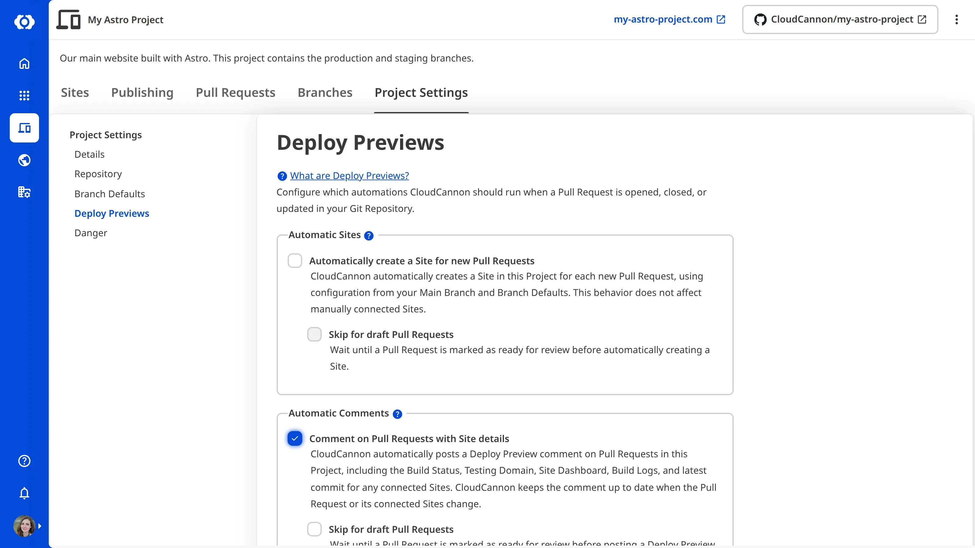 A screenshot of the Deploy Previews section showing the Automatic Comments fieldset with Comment on Pull Requests with Site details enabled.