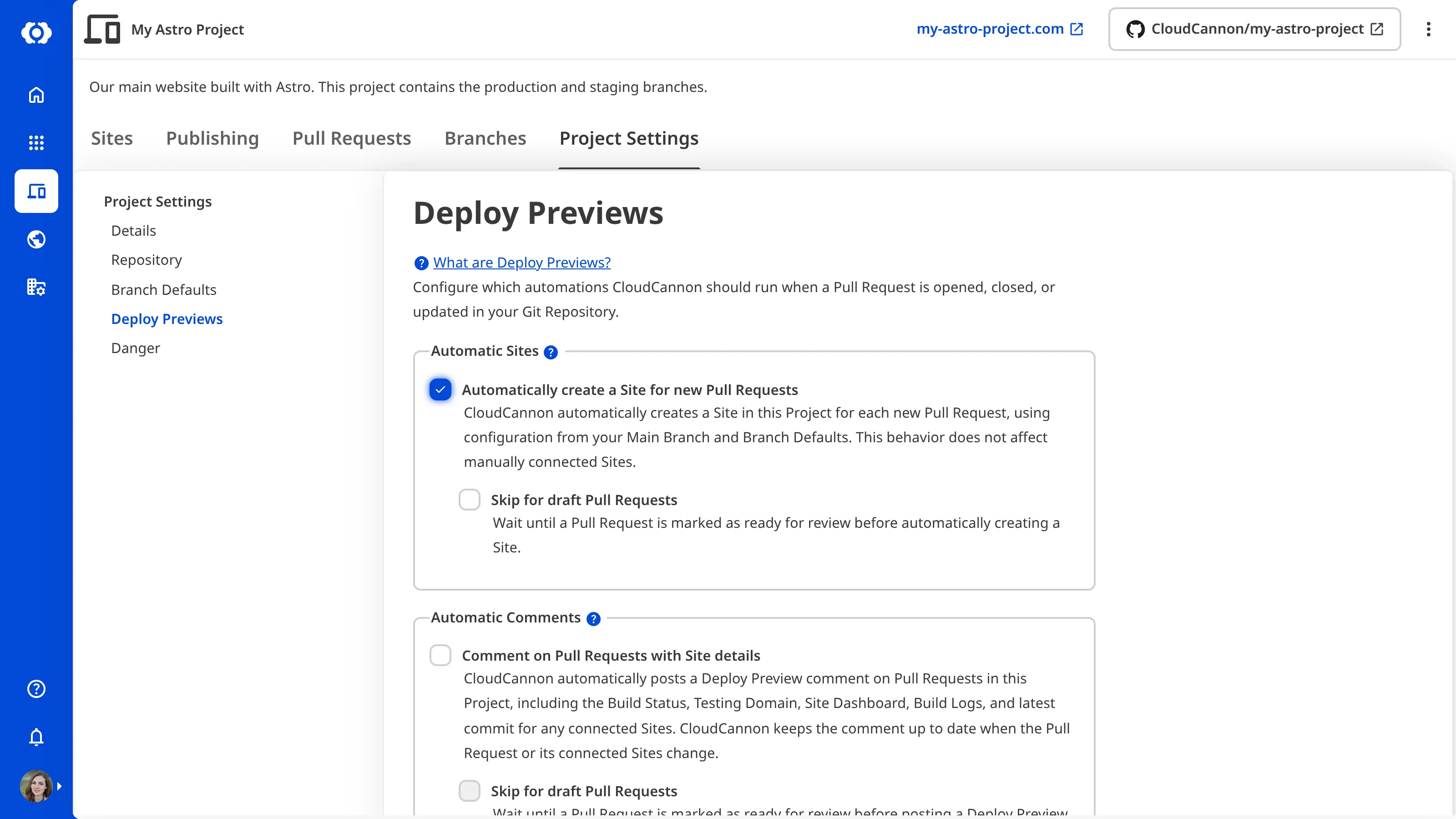A screenshot of the Deploy Previews section showing the Automatic Sites fieldset with Automatically create a Site for new Pull Requests enabled.