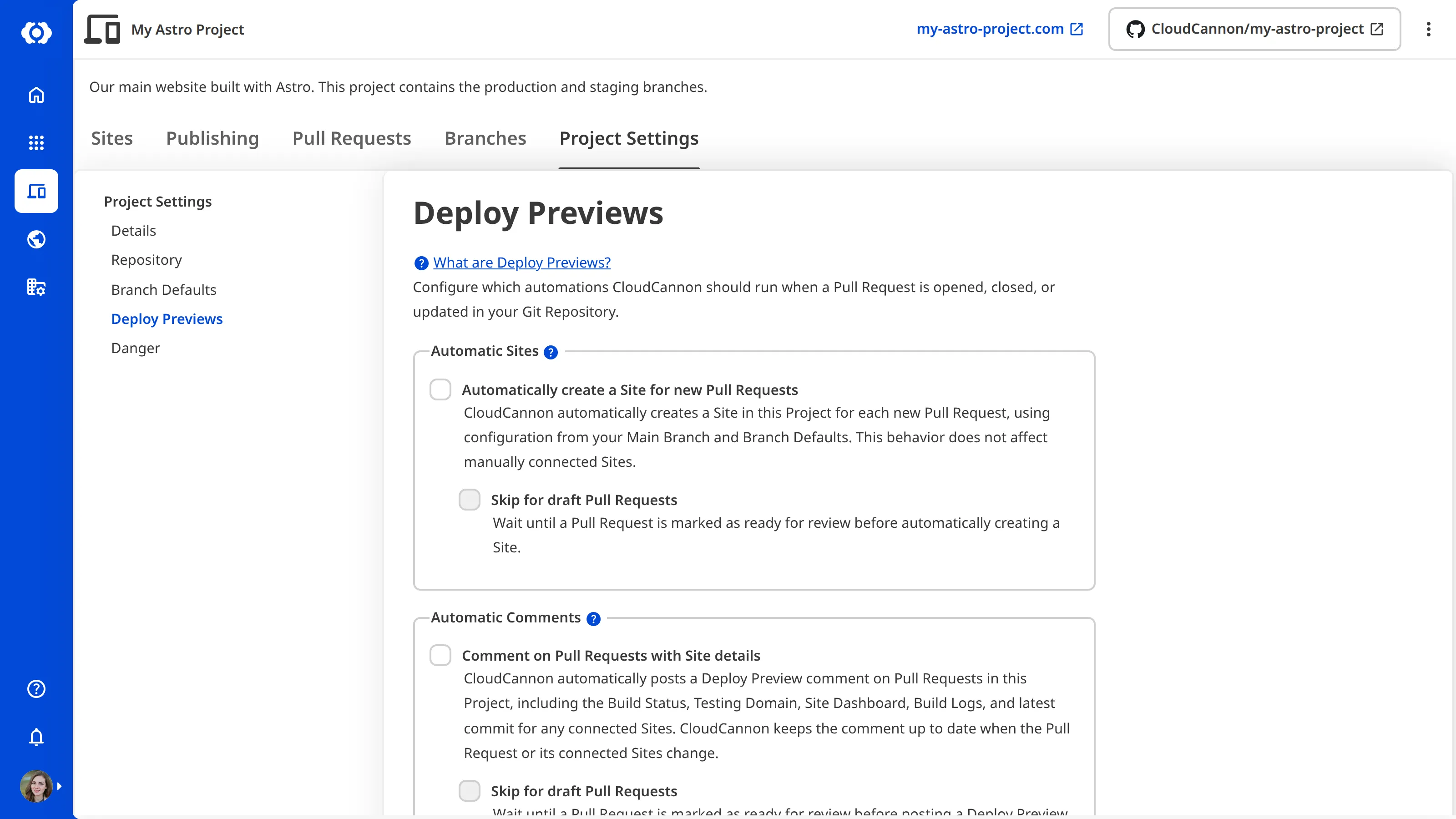 A screenshot of the Deploy Previews section in Project Settings, with the Automatic Sites and Automatic Comments fieldsets in their default state.