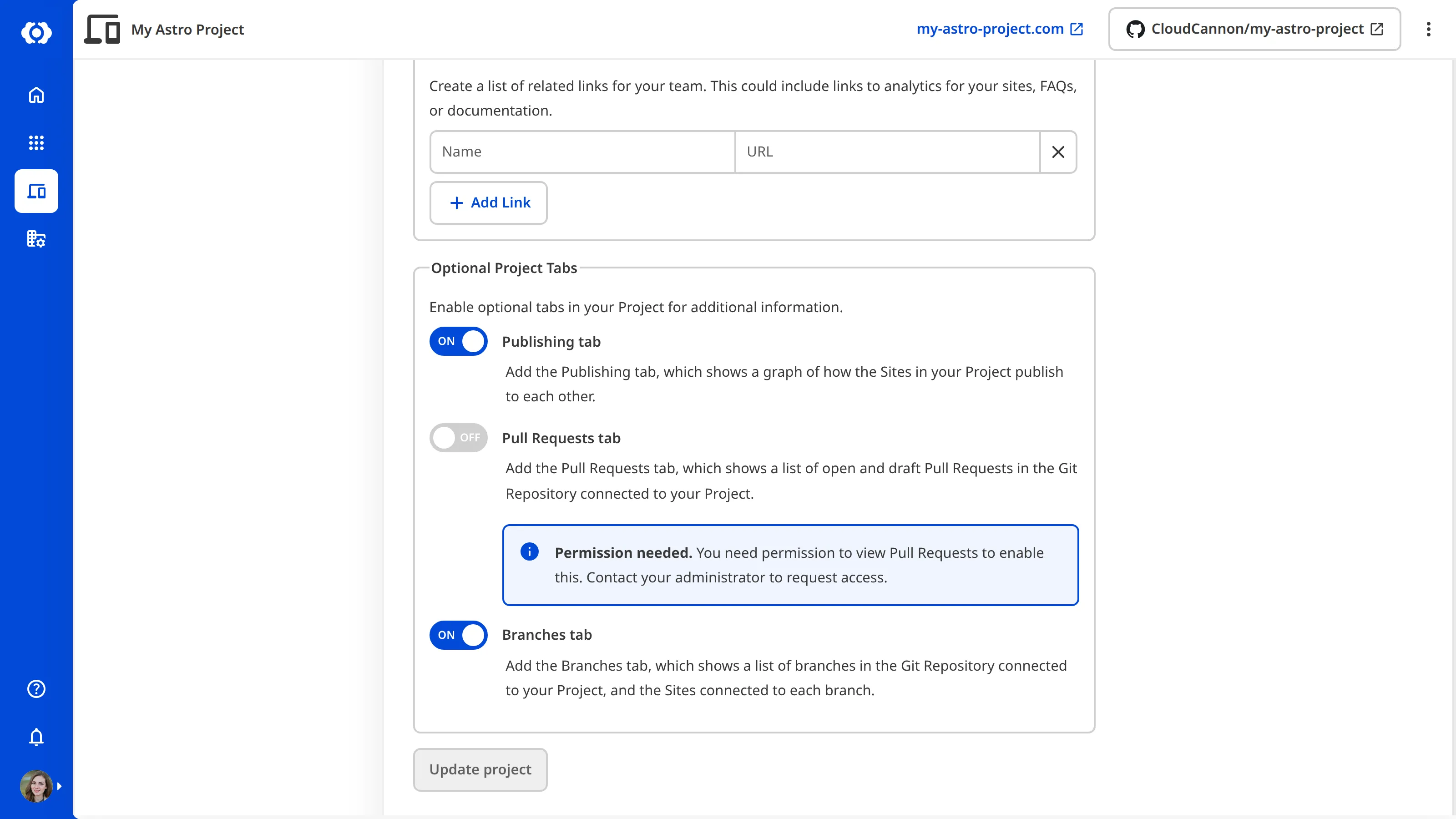 A screenshot of the Optional Project Tabs fieldset in Project Settings, with the Pull Requests toggle disabled and a Permission needed inline notice explaining that the user needs permission to view Pull Requests to enable it.