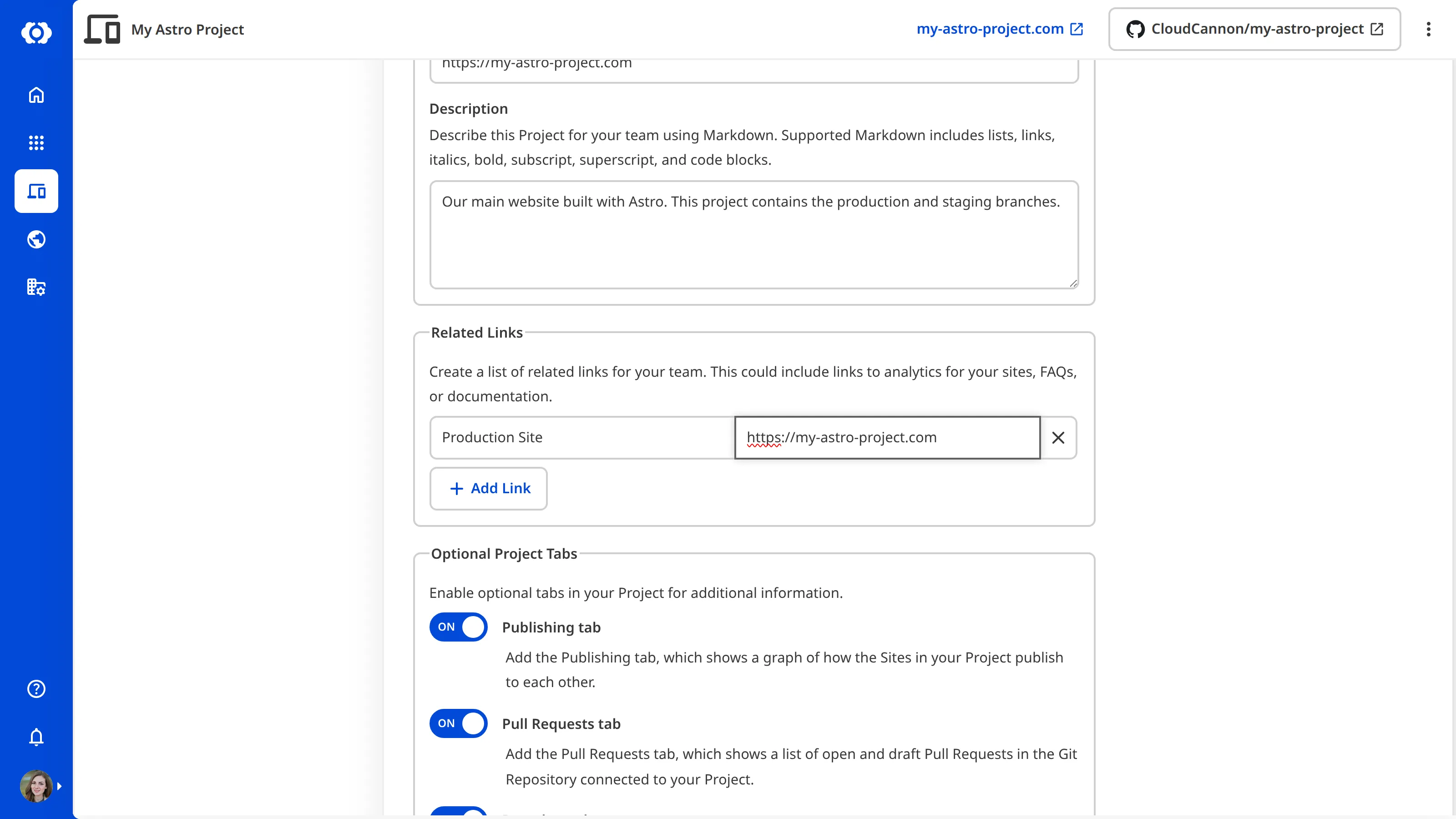 A screenshot of the Project Settings page shows a Related Link named 'Production Site' with a URL filled in.