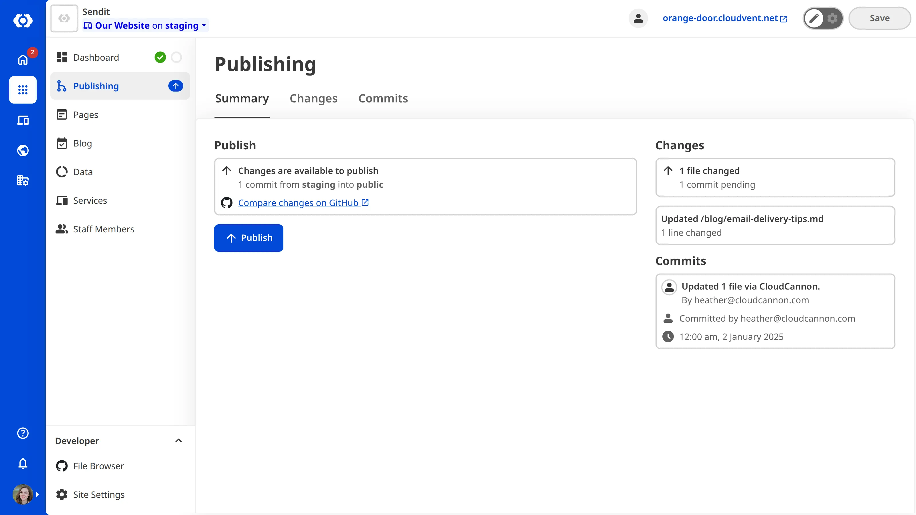 The Publishing page on a Site using Merge Immediately A screenshot of the Publishing page on a Site using the Merge Immediately Publishing Method shows pending changes ready to publish and a Publish button.