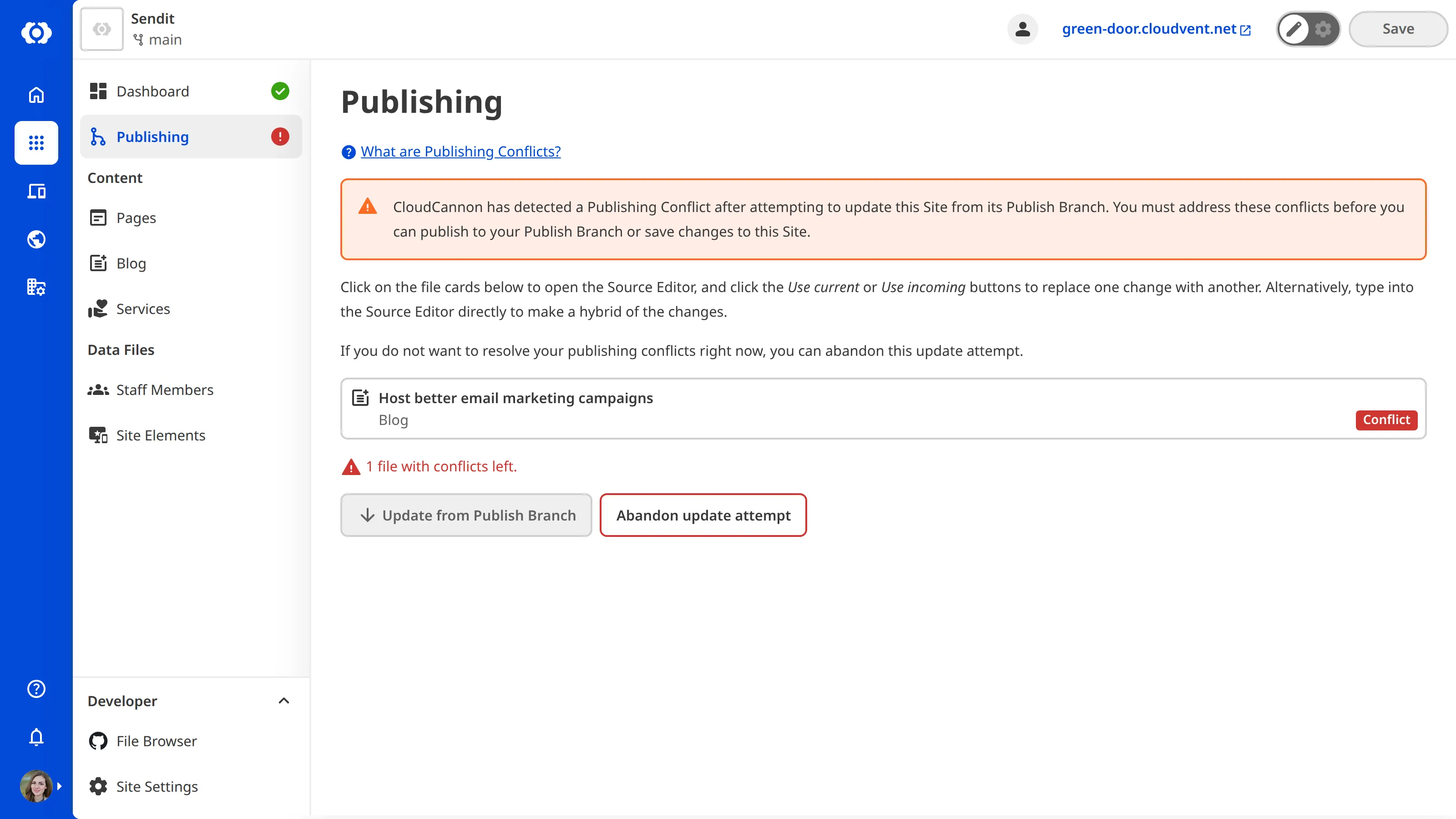 The Publishing page with a Publishing Conflict A screenshot of the Publishing page shows a Publishing Conflict card warning that file changes need to be resolved before publishing or updating.