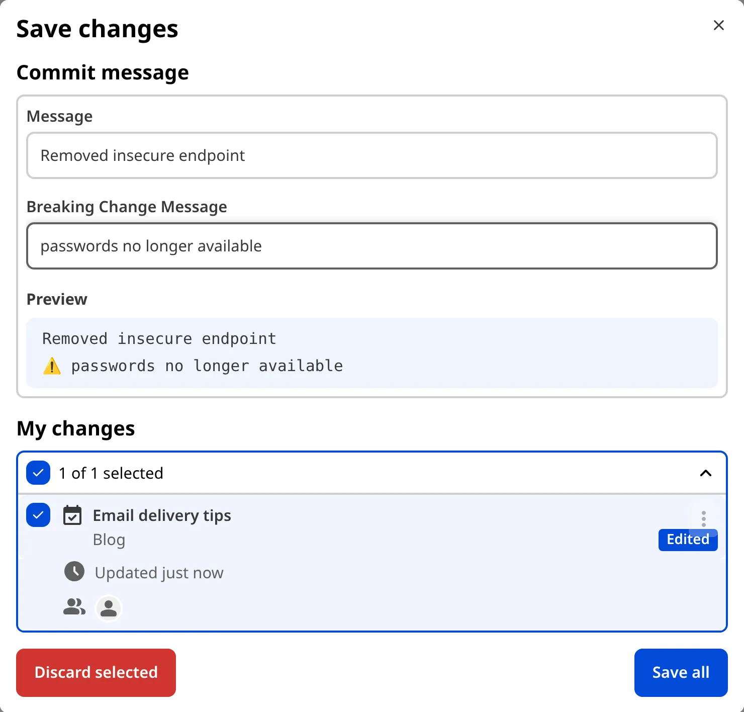 The Save Changes modal shows two fields for Message and Breaking Changes Message.