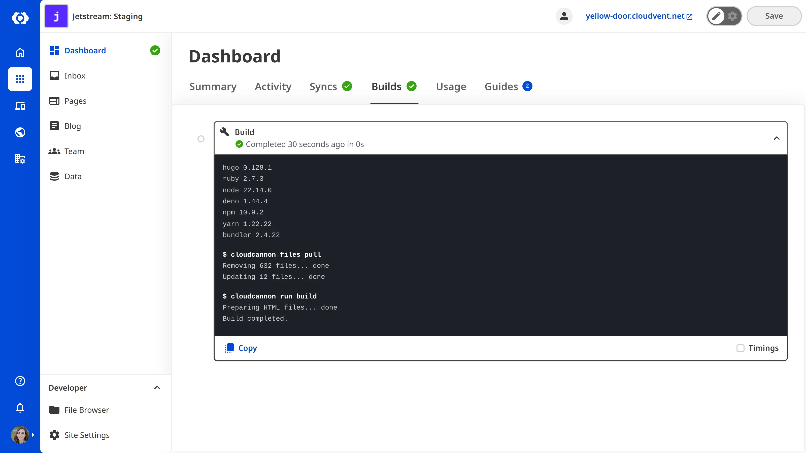 A screenshot of the Site Dashboard Builds tab shows that the first build of a Site is running.