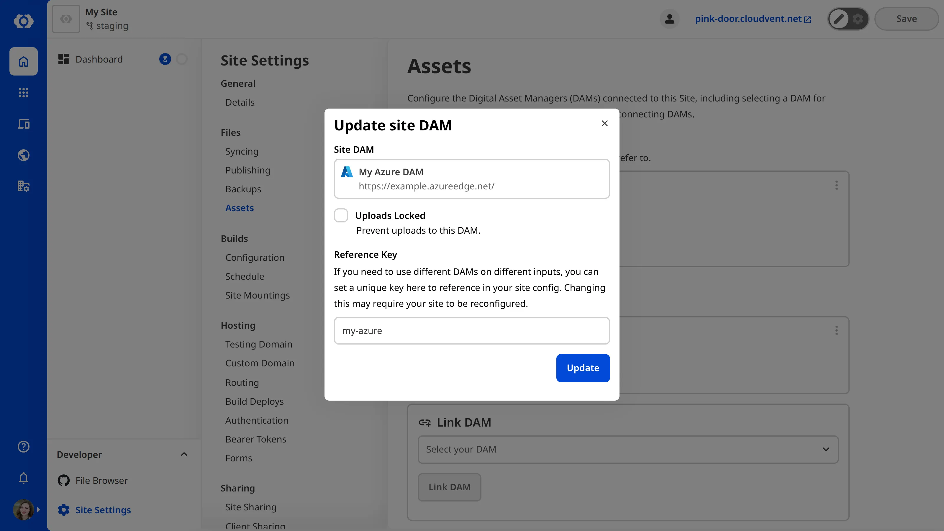 A screenshot of the Update site DAM modal shows fields for configuring a DAM linked to your site, including Reference Key and Uploads Locked options.