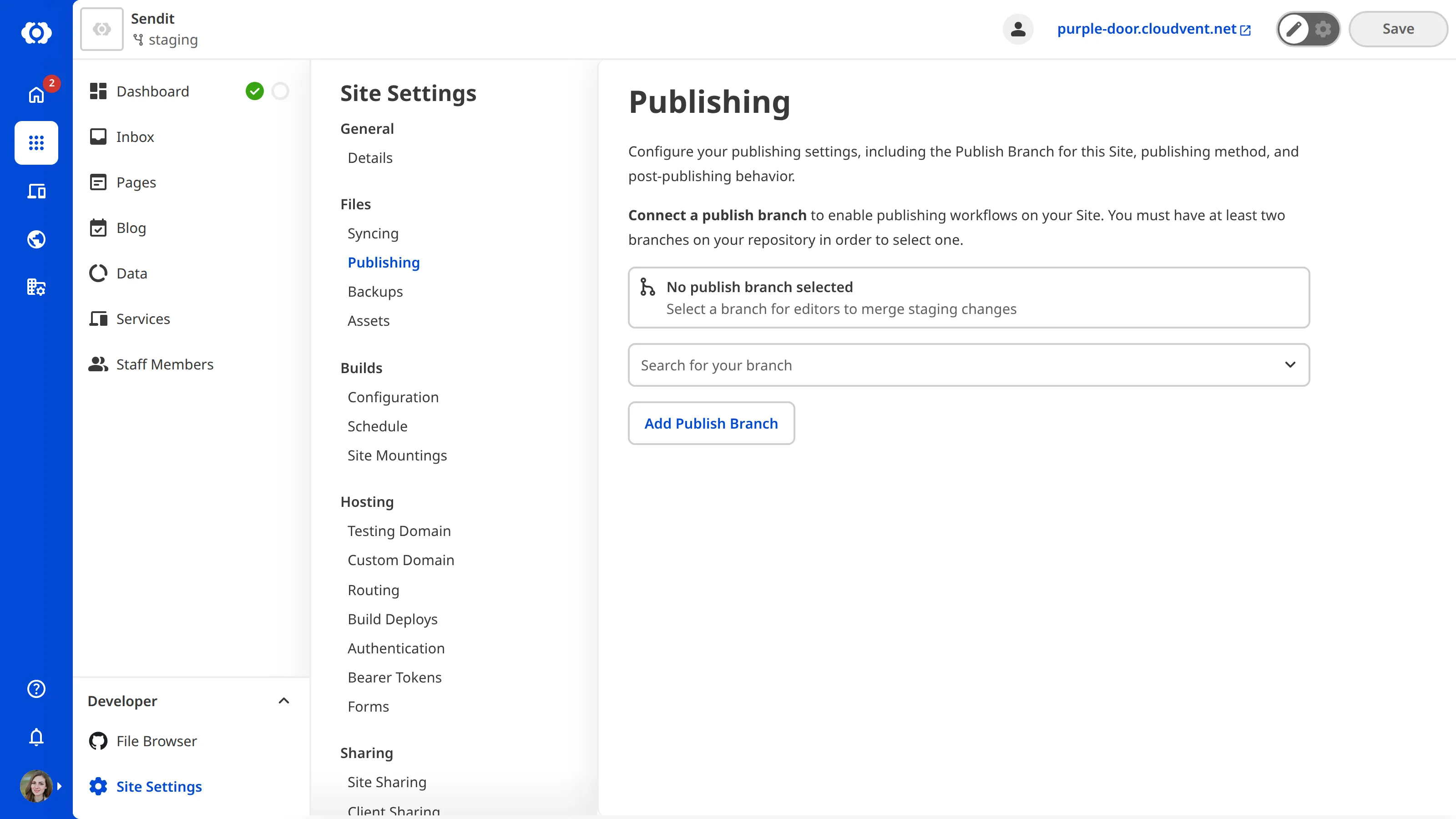 A screenshot of the Publishing page shows the empty state with a search field and button to add a Publish Branch.