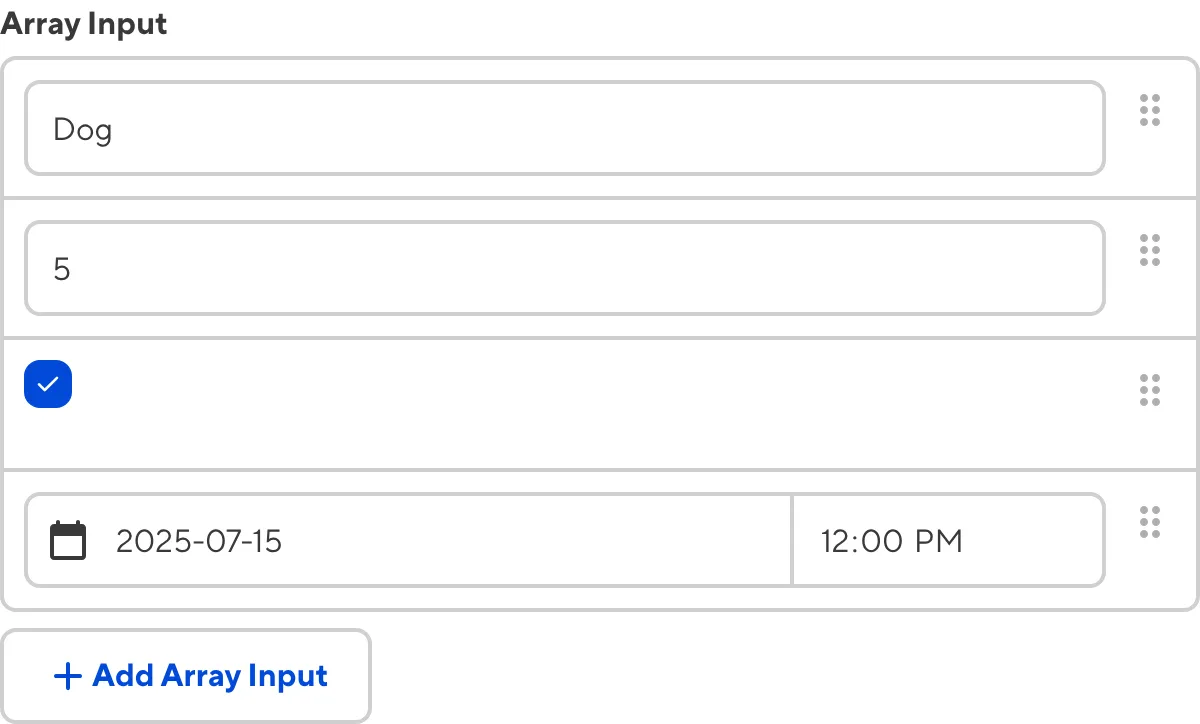The Array input A screenshot of the Array Input in the Data Editor shows a several inline cards in a list.