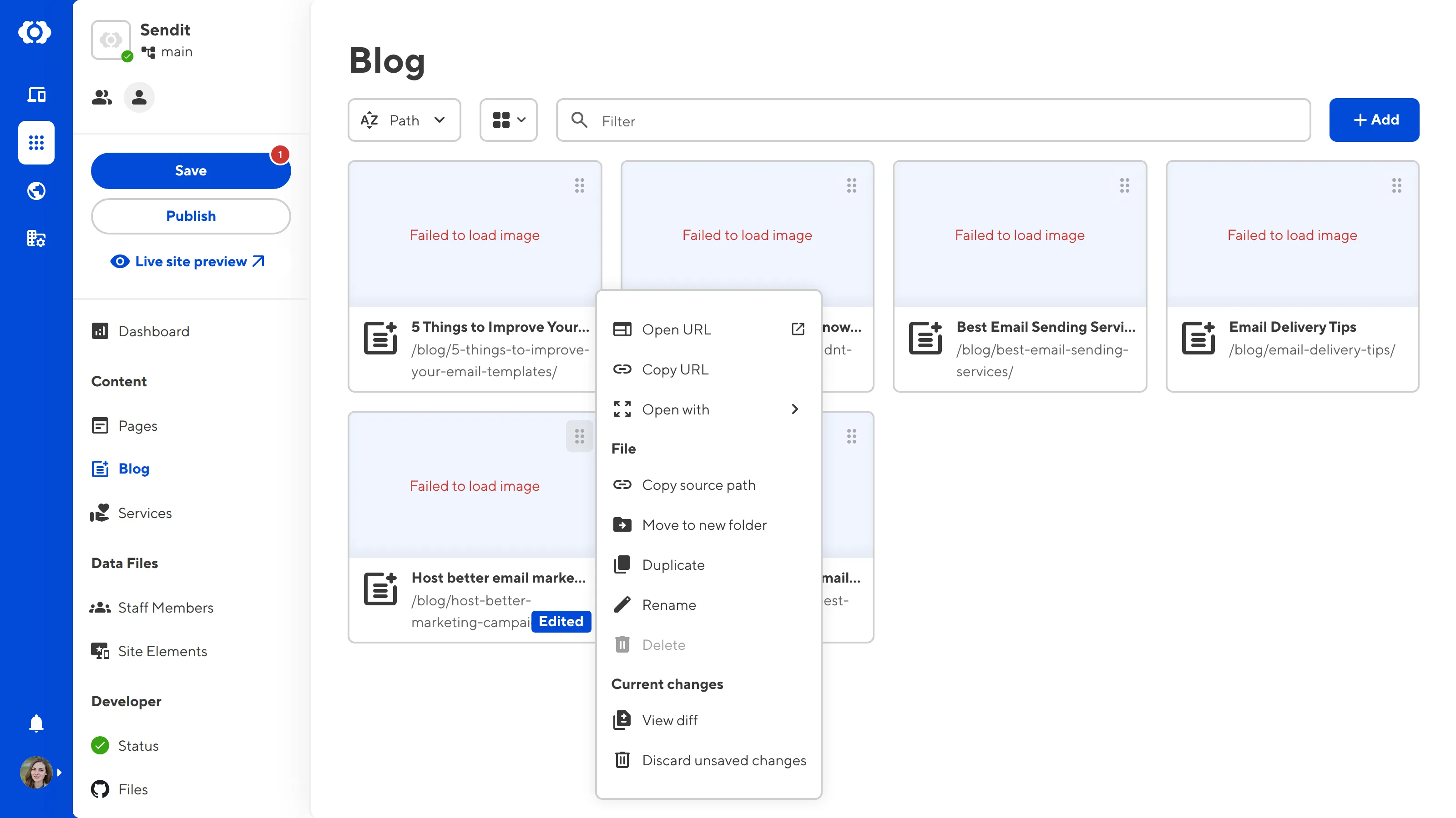A screenshot of the Collection browser shows the open Context Menu with the Preview live site here option.