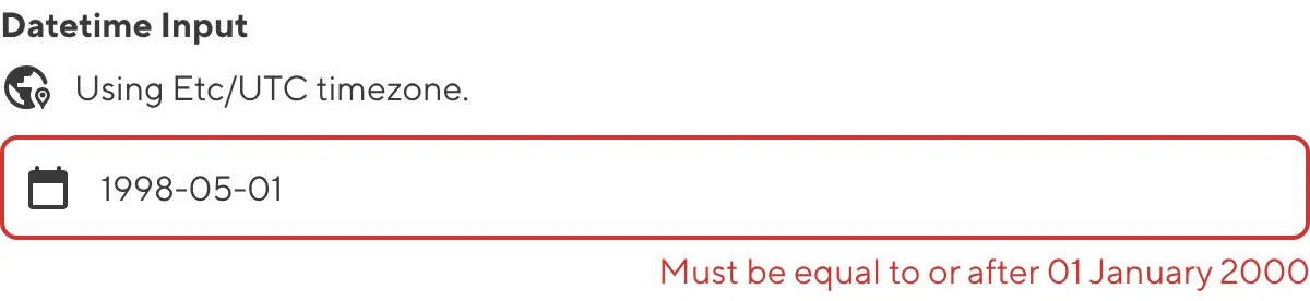 A screenshot of the Date input in the Data Editor shows that the current value does not meet validation criteria.