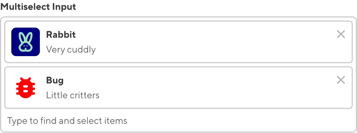 Multiselect Input with Preview A screenshot of the Multiselect Input in the Data Editor shows an icon, icon color, and subtext.