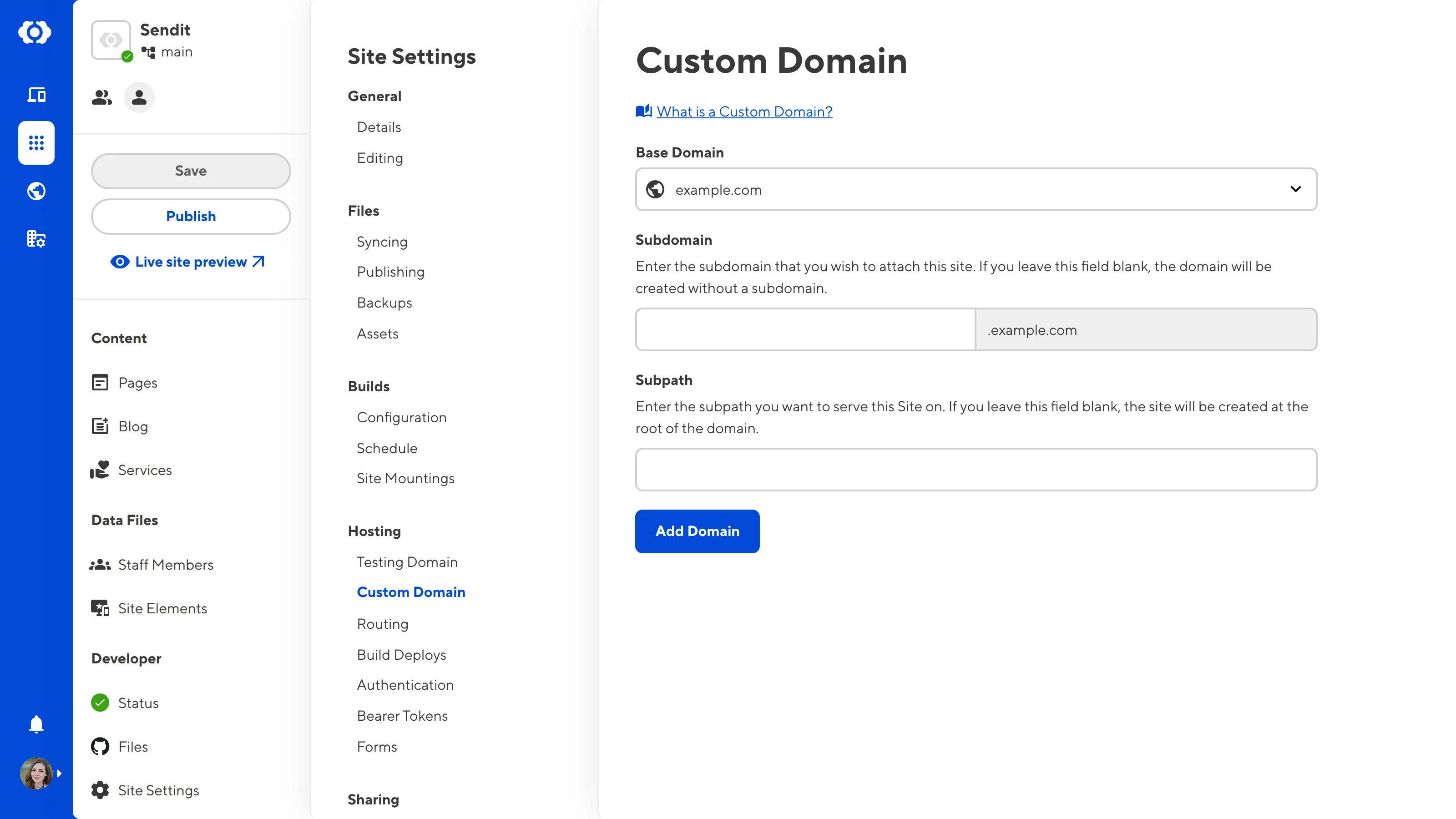 The Custom Domain page A screenshot of the Custom Domain page under Site Settings shows the Base Domain dropdown and two text fields for Subdomain and Subpath.