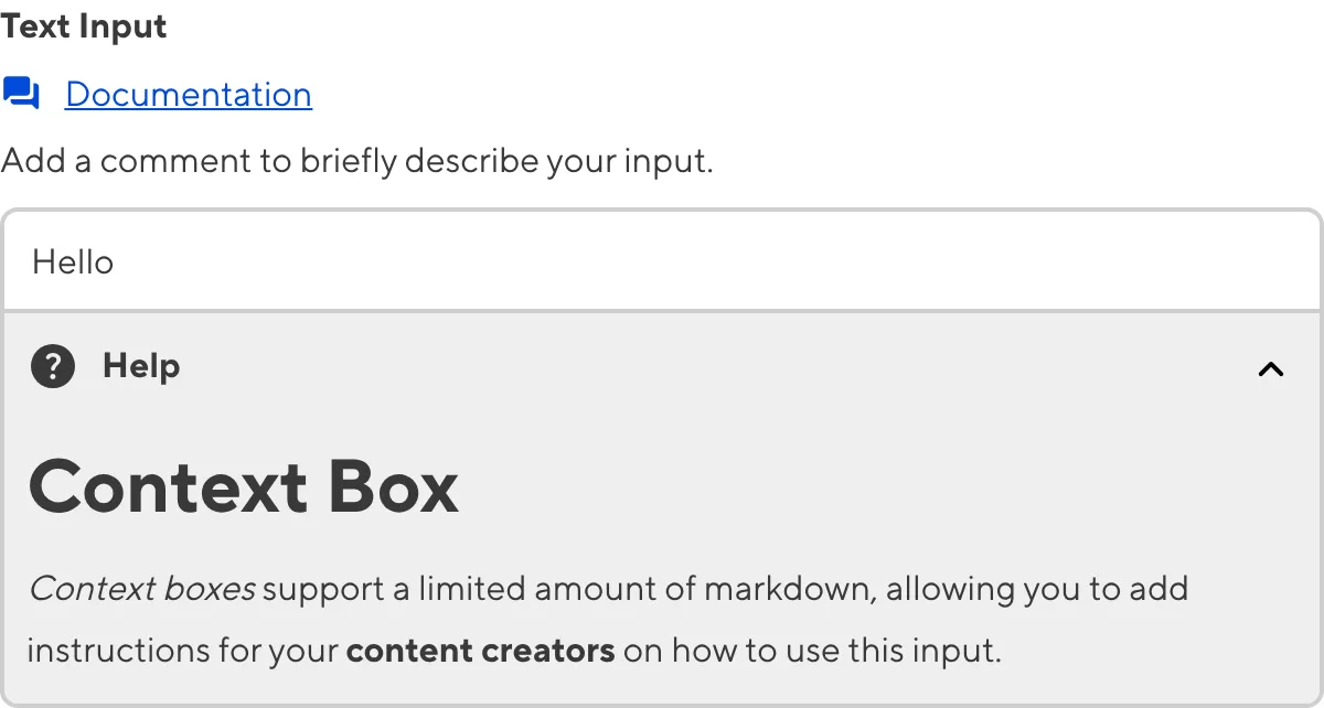 A screenshot of the Text Input in the Data Editor with a Context Box underneath the text area.