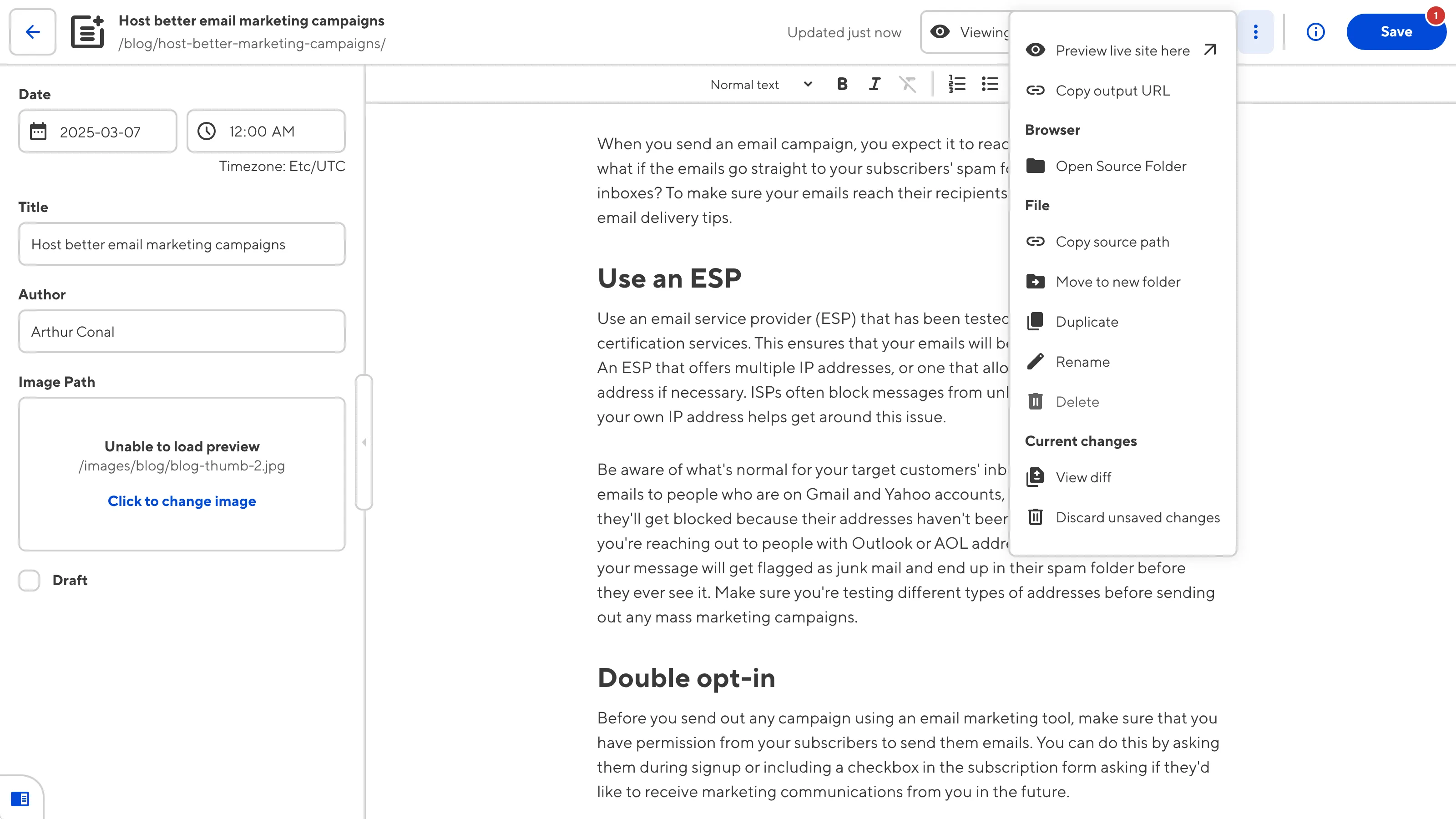 The Content Editor A screenshot of the Content Editor shows the open Context Menu with the Preview live site here option.