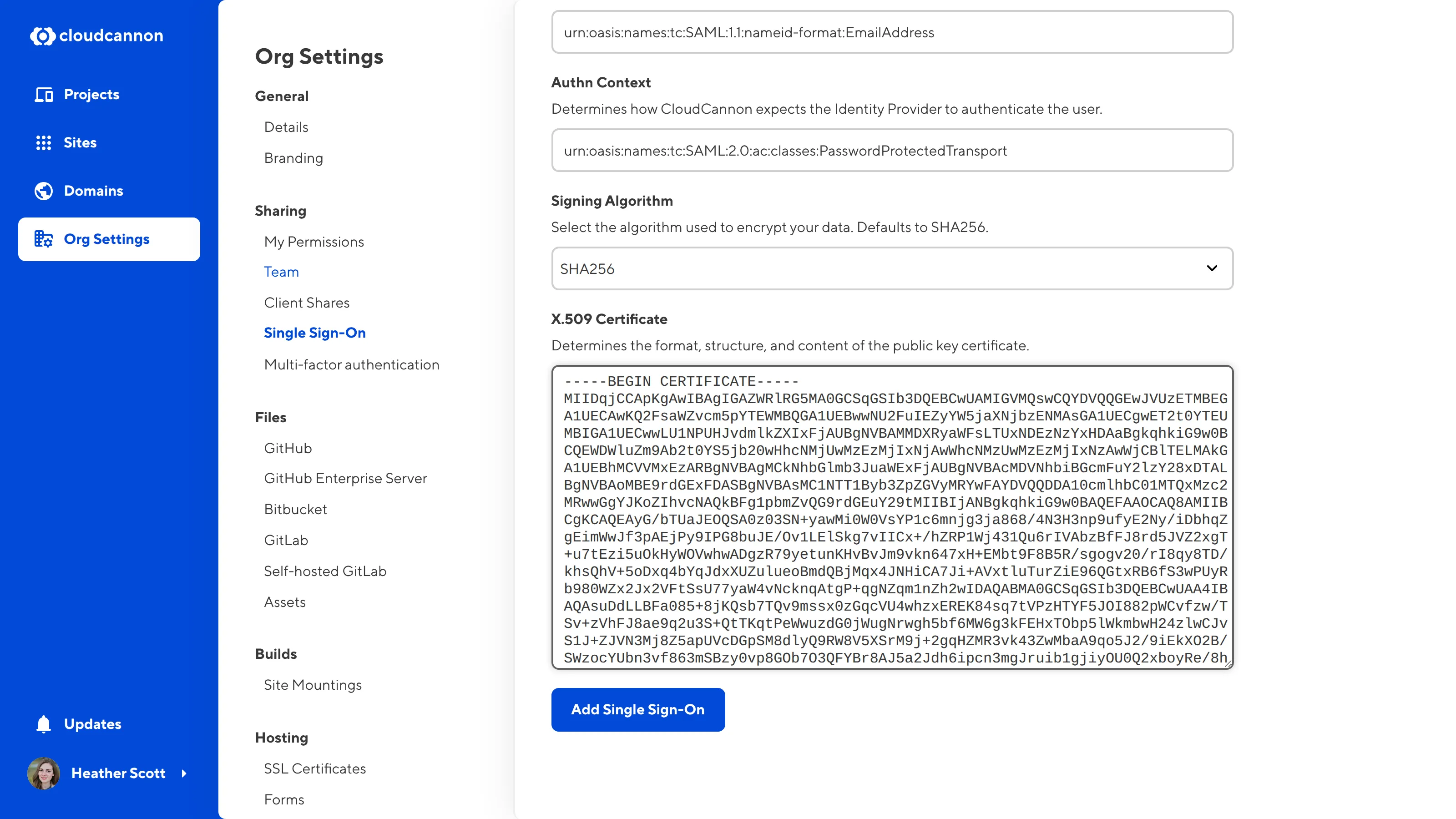 The SSO page A screenshot of the CloudCannon Single Sign-On page under Org Settings.