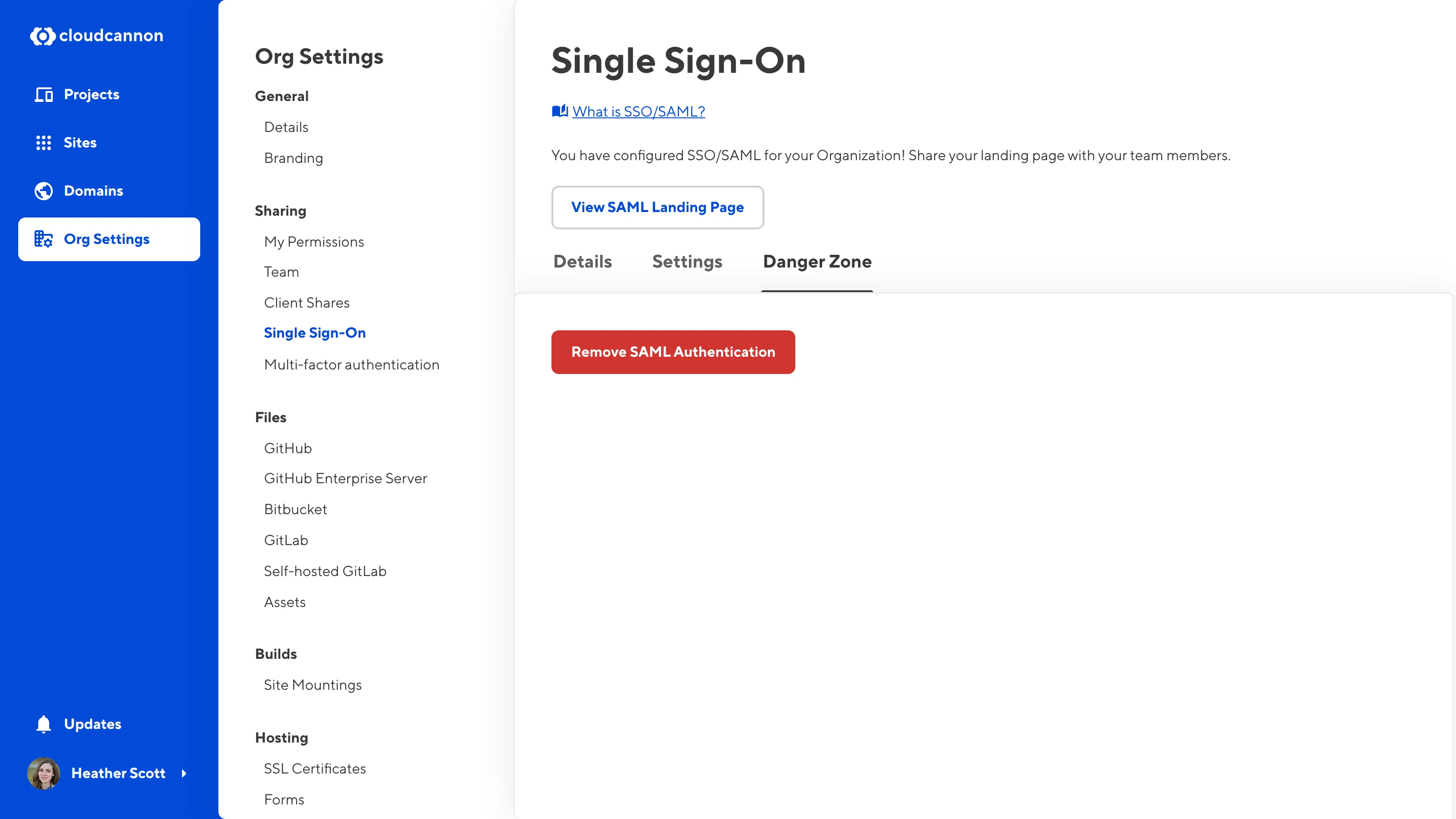The Single Sign-On page A screenshot of the Danger Zone Tab on the Single Sign-On page shows the Remove SAML Authentication button.
