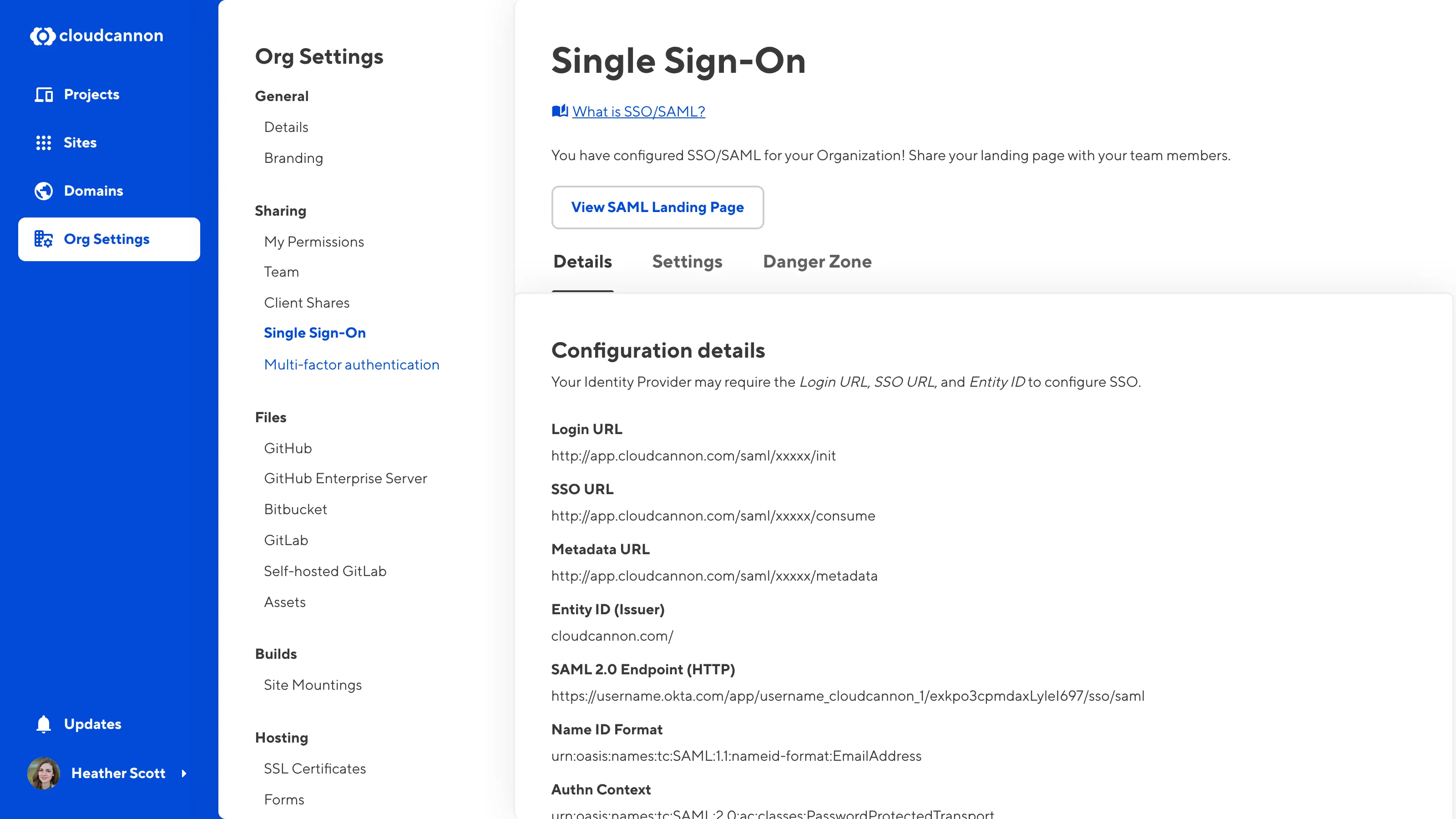 The Single Sign-On page A screenshot of the Details Tab on the Single Sign-On page shows the details of your SSO configuration.