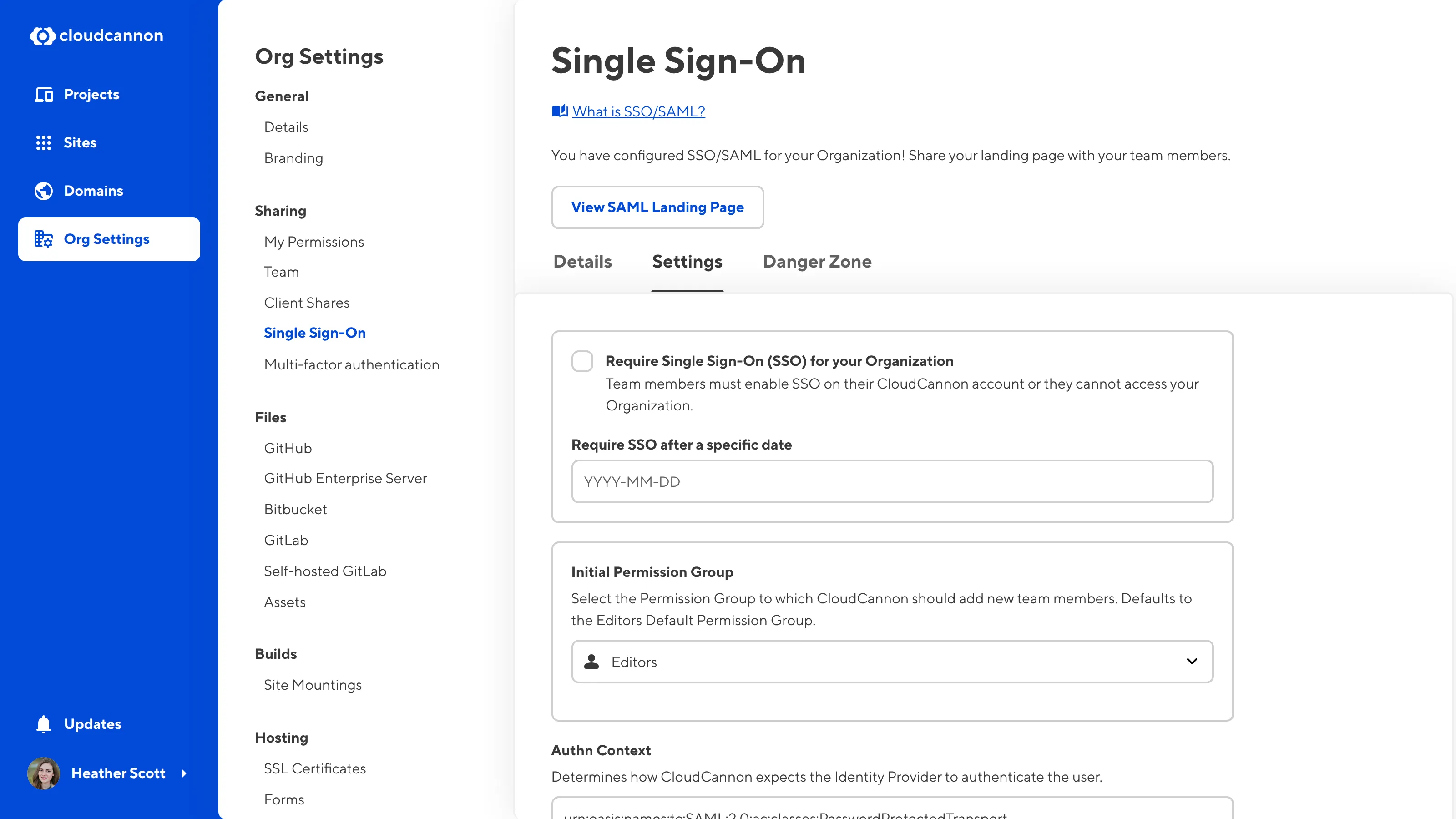 The Single Sign-On page A screenshot of the Settings Tab on the Single Sign-On page shows the Require Single Sign-On (SSO) for your Organization checkbox.