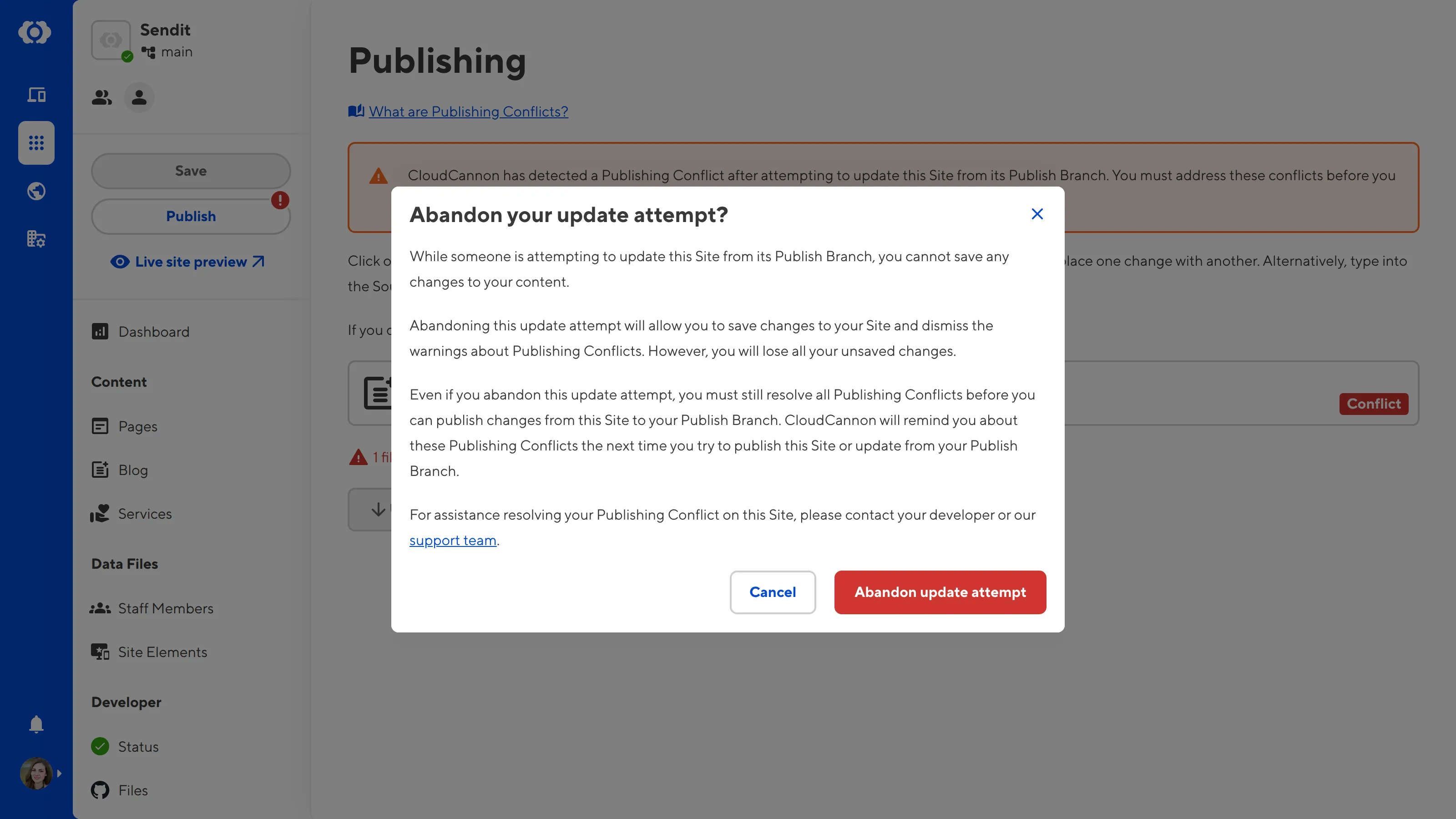 The Publishing page A screenshot of the Publishing page shows the Abandon your update attempt? modal and the Abandon update attempt button.