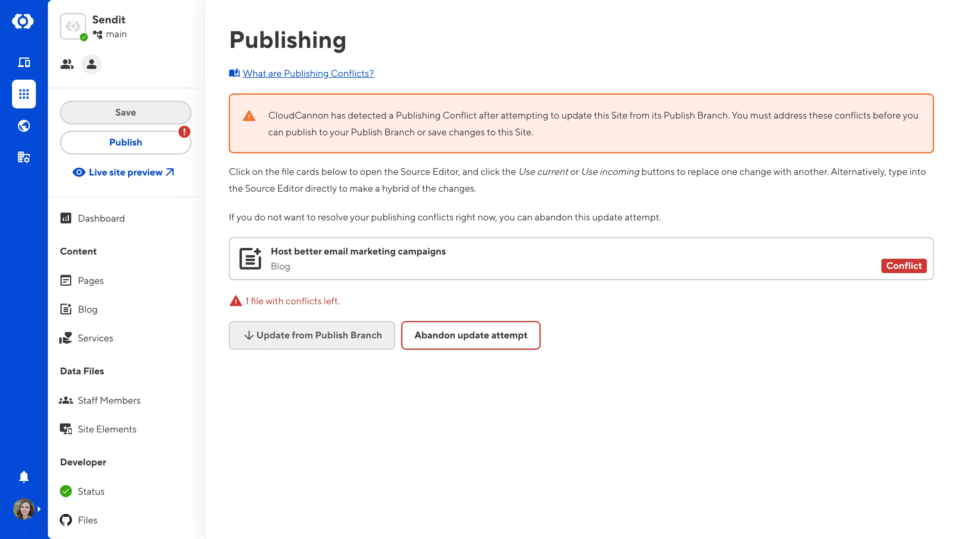 The Publishing page A screenshot of the Publishing page shows a conflicted file after attempting to update the Site from the Publish Branch.