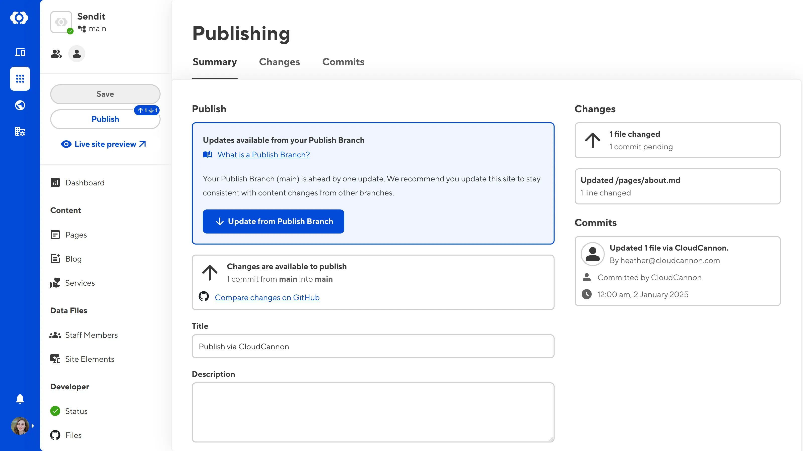 The Publishing page A screenshot of the Publishing page shows the Updates available from your Publish Branch notification and the Update this site button.