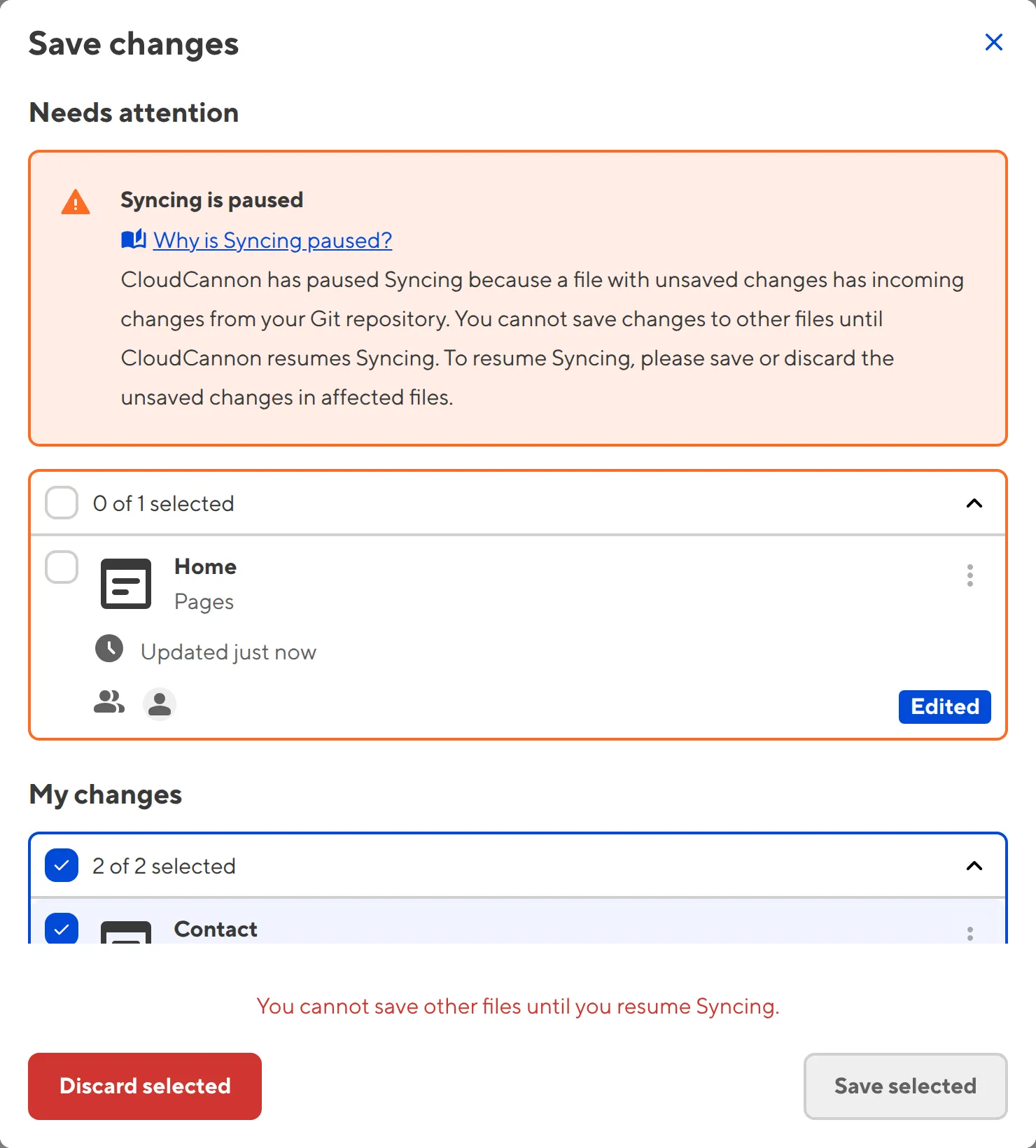 A screenshot of the Review Changes modal shows a Syncing is paused warning and affected files highlighted in orange.