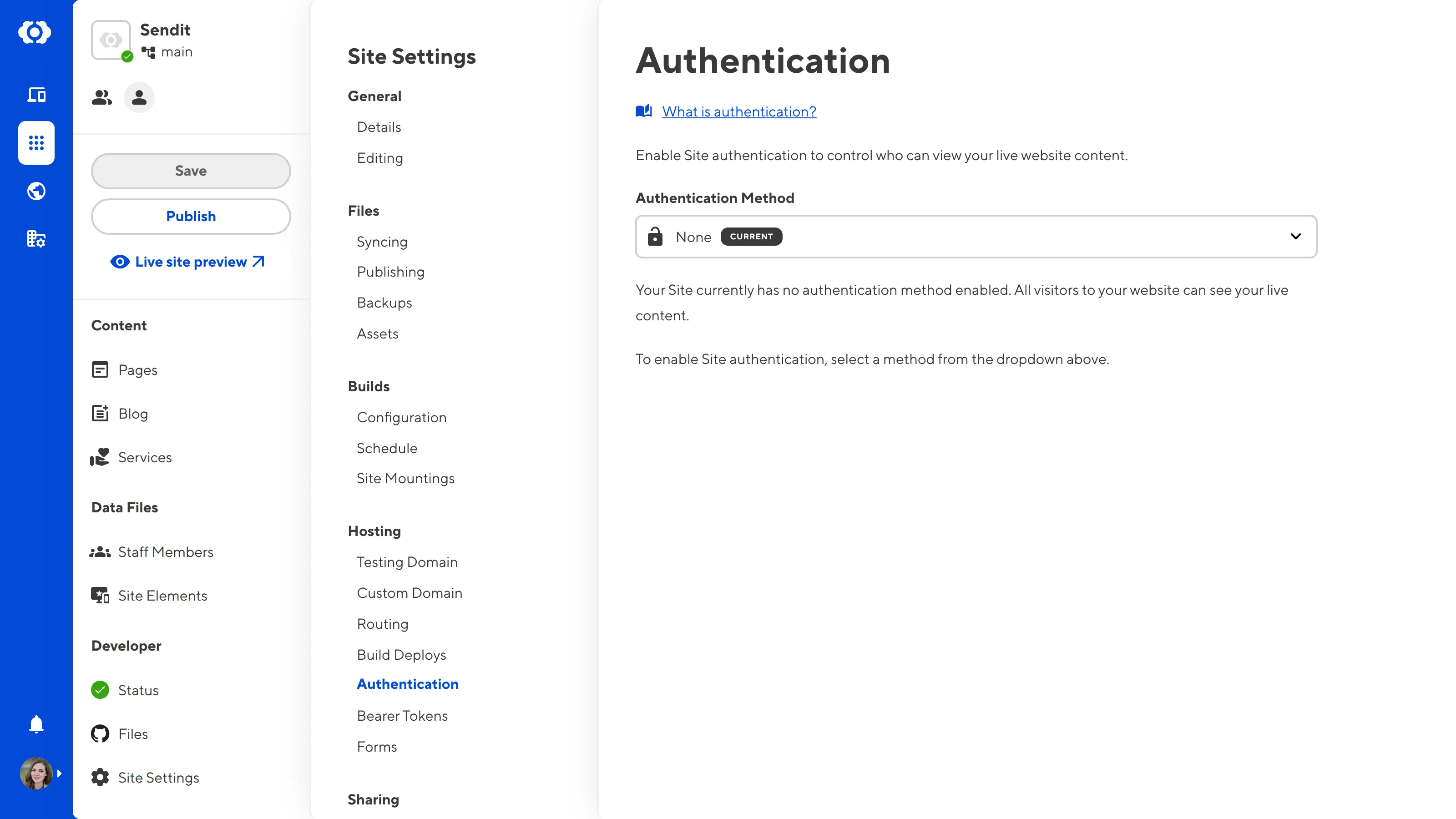 The Authentication Page A screenshot of the Authentication page under Site Settings shows that no authentication method has been selected for this site.
