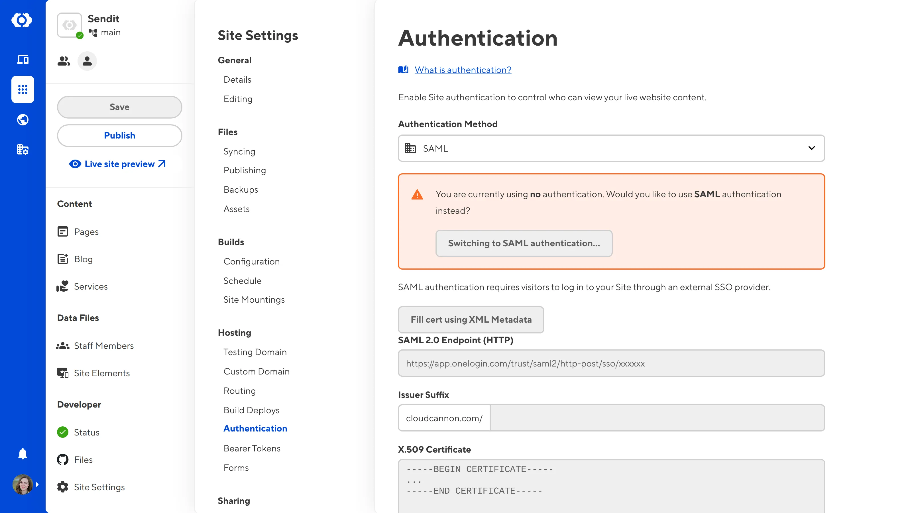The Authentication Page A screenshot of the Authentication page shows fields for SAML 2.0 Endpoint (HTTP), Issuer Suffix , and X.509 Certificate.