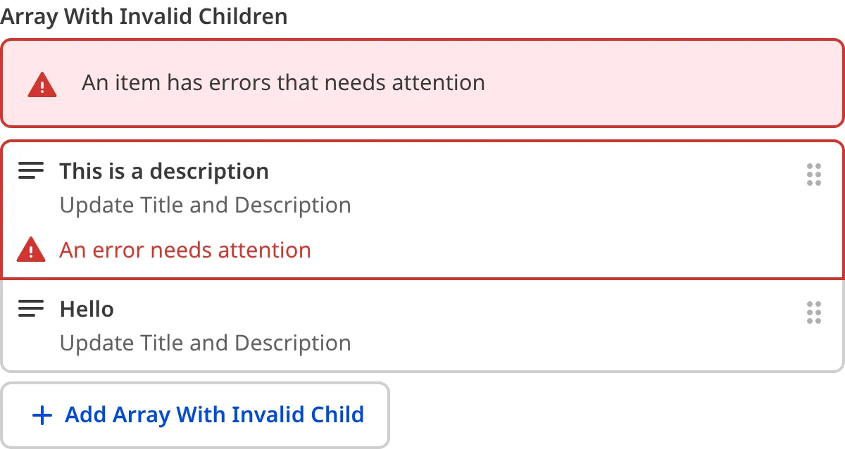 A screenshot of the Array input in the Data Editor shows that one or more nested inputs have a validation error.