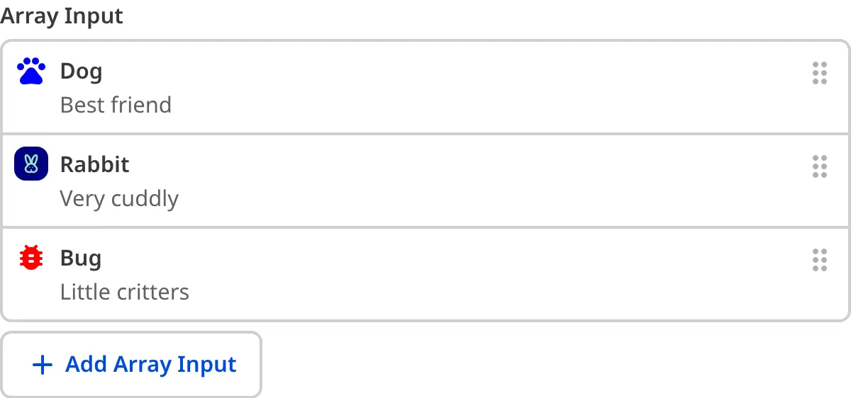 A screenshot of the Array Input in the Data Editor shows an icon, icon color, and subtext.