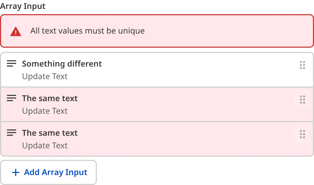 A screenshot of the Array Input in the Data Editor shows an error message as there are non-unique values.