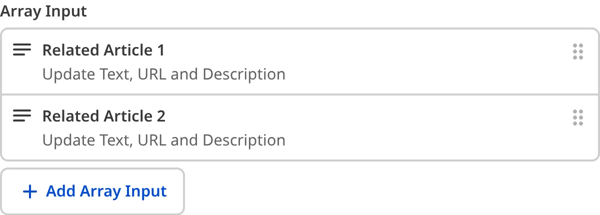 A screenshot of the Array Input in the Data Editor shows a two preview cards in a list.