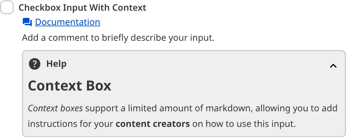 A screenshot of the Checkbox Boolean input in the Data Editor shows the label, comment, and context general configuration options.