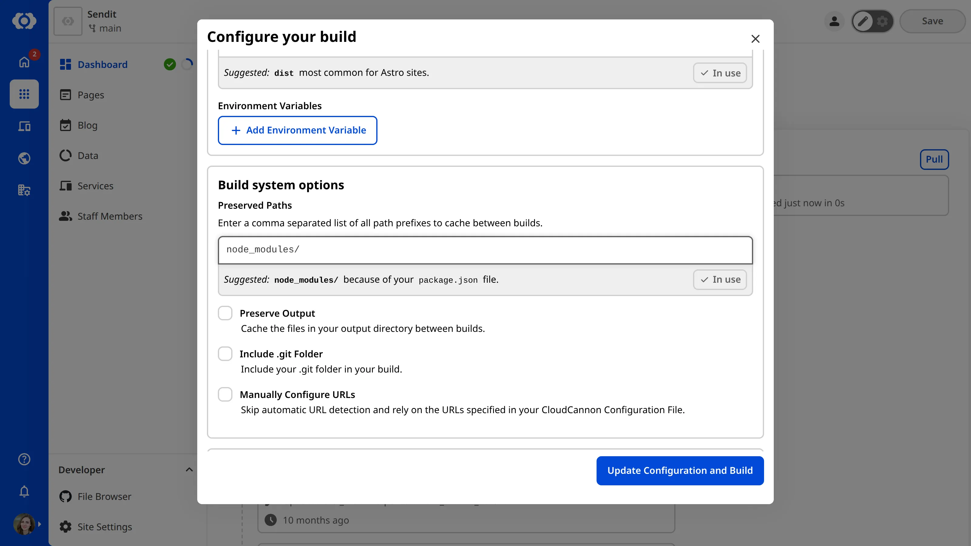 A screenshot of the Configure your build modal shows the build system options, including Preserved Paths.