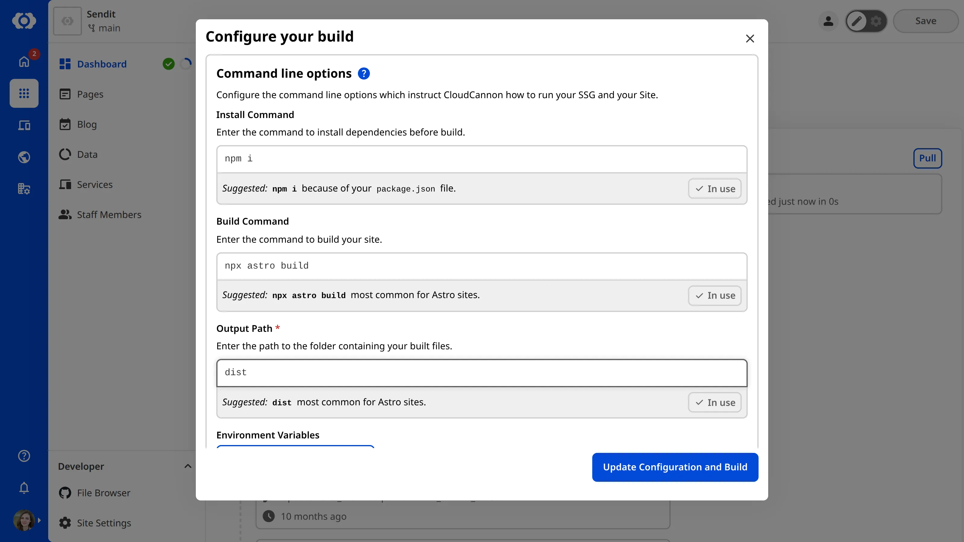 A screenshot of the Configure your build modal shows the command line options.