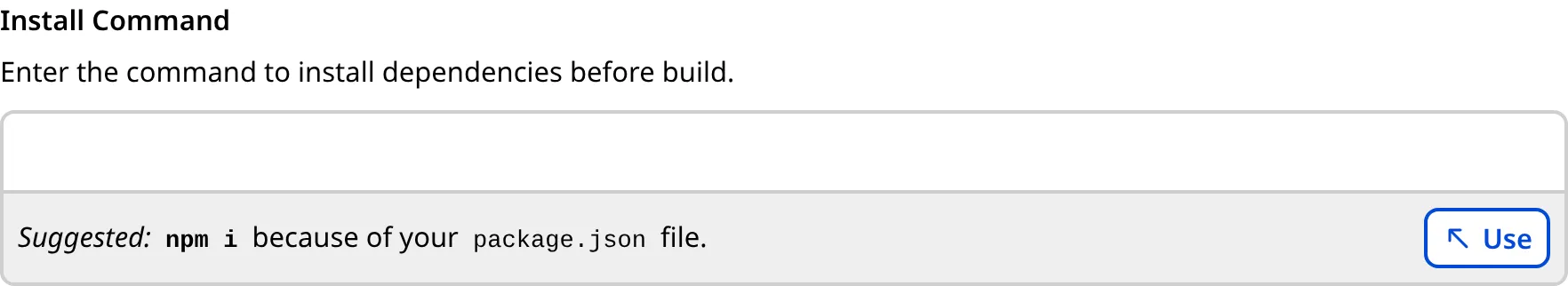 A screenshot of the Install Command text field and CloudCannon's suggested value in a light blue box.