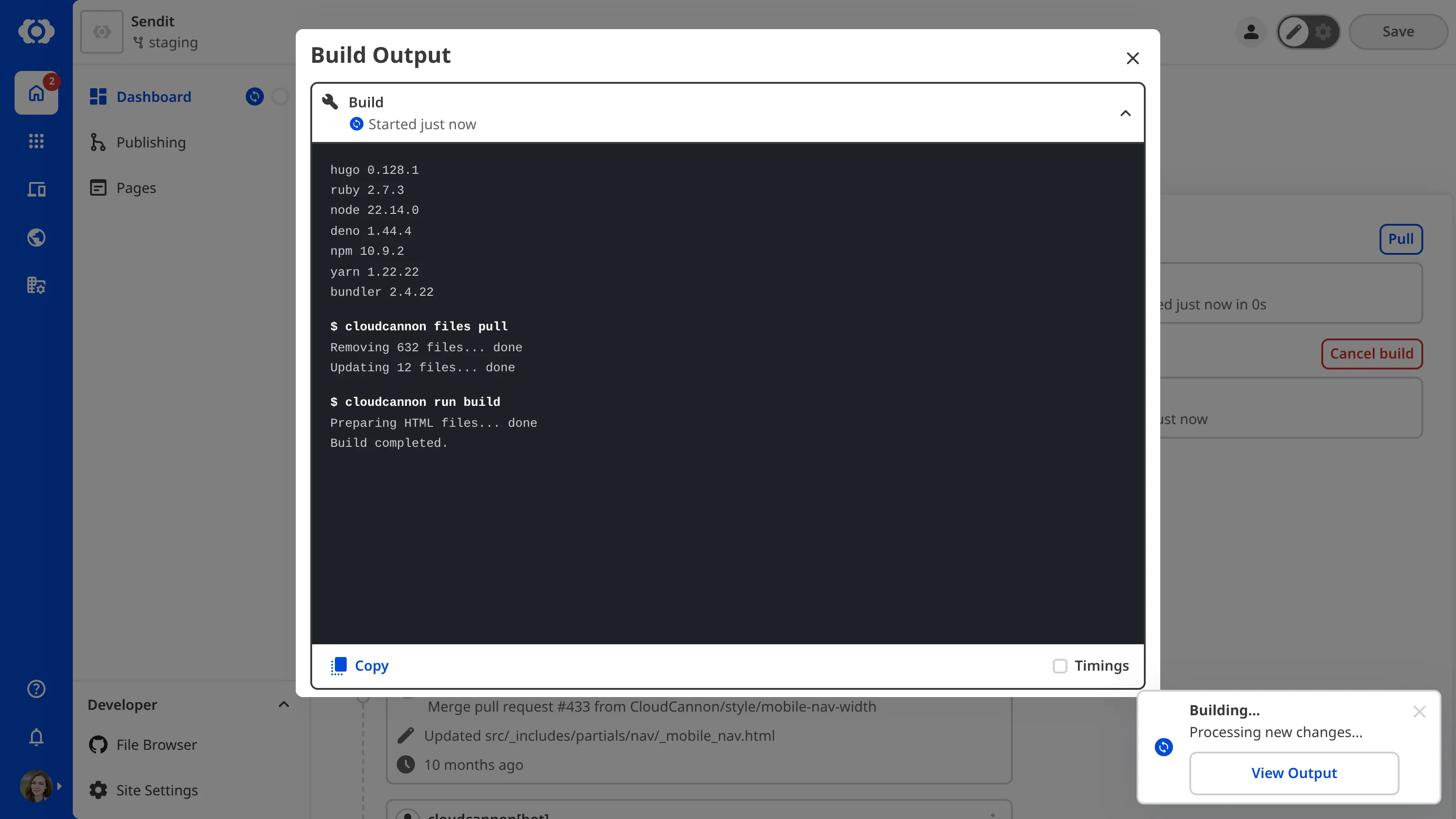 A screenshot of the Content Editor with the Build Terminal modal open shows the progress of the current Site build.