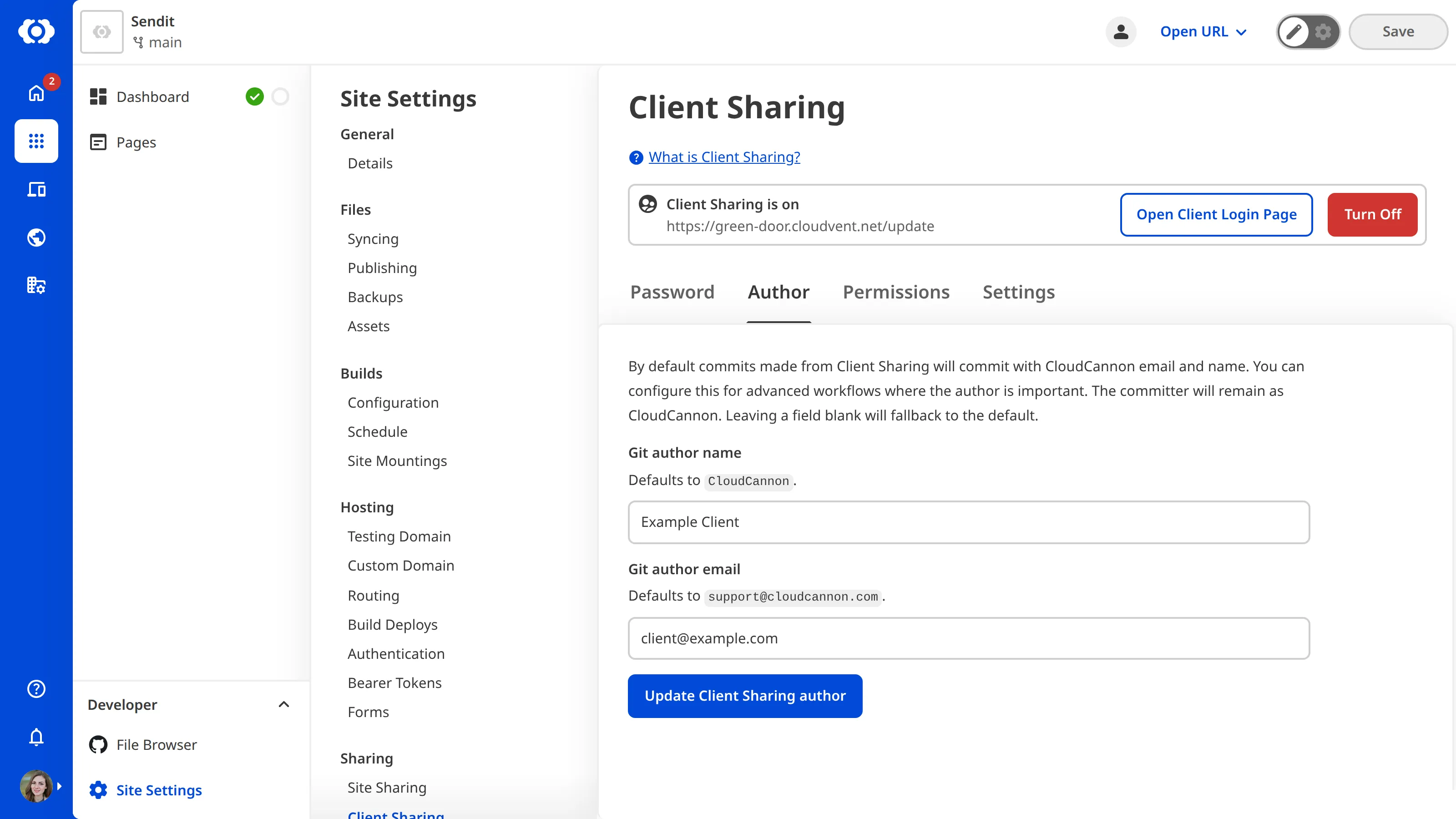 A screenshot of the Author tab on the Client Sharing page shows two fields for the name and email address applied to commits made by Clients.