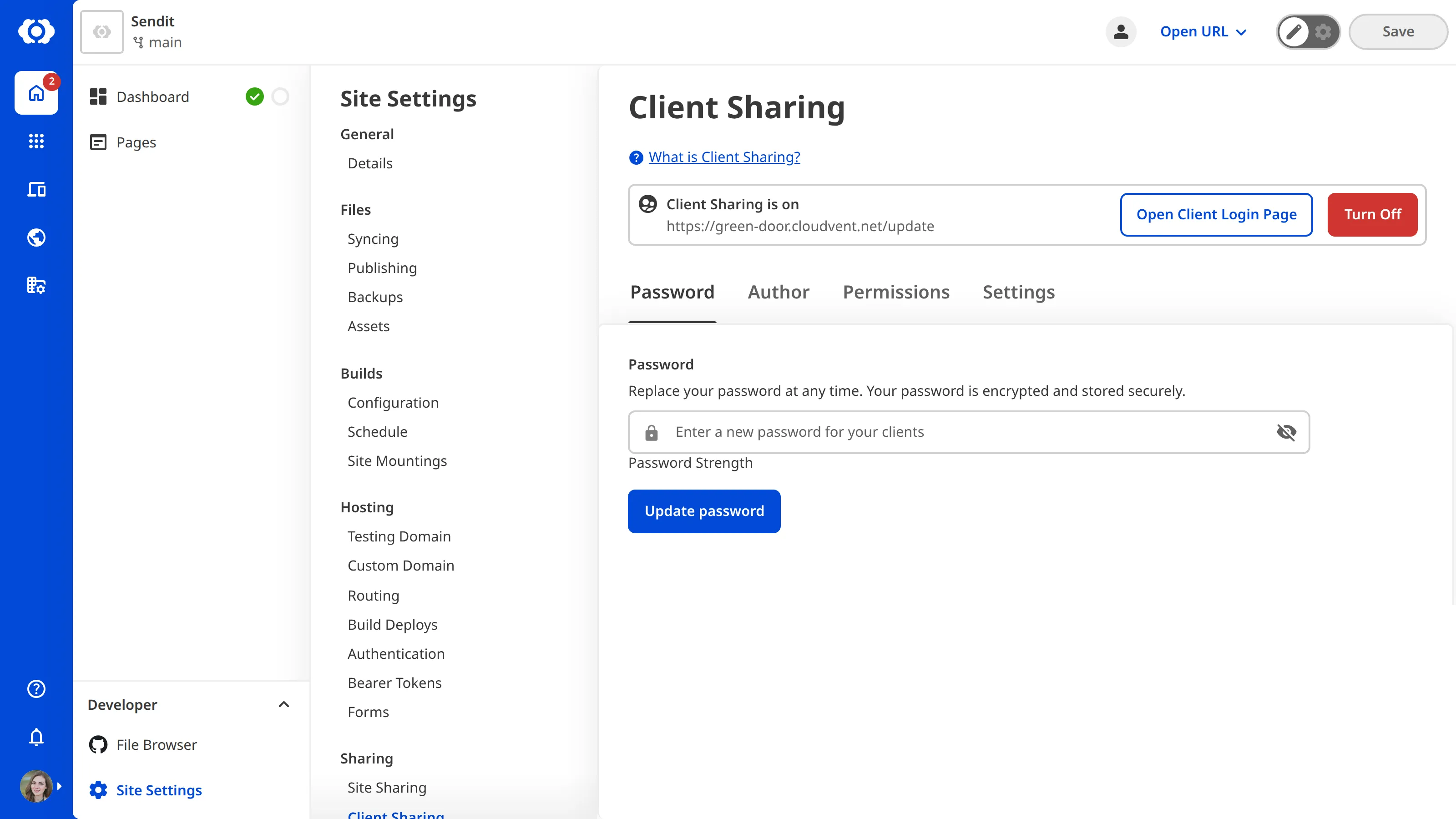 The Client Sharing page A screenshot of the Client Sharing page showing options to reset the password and disable Client Sharing.