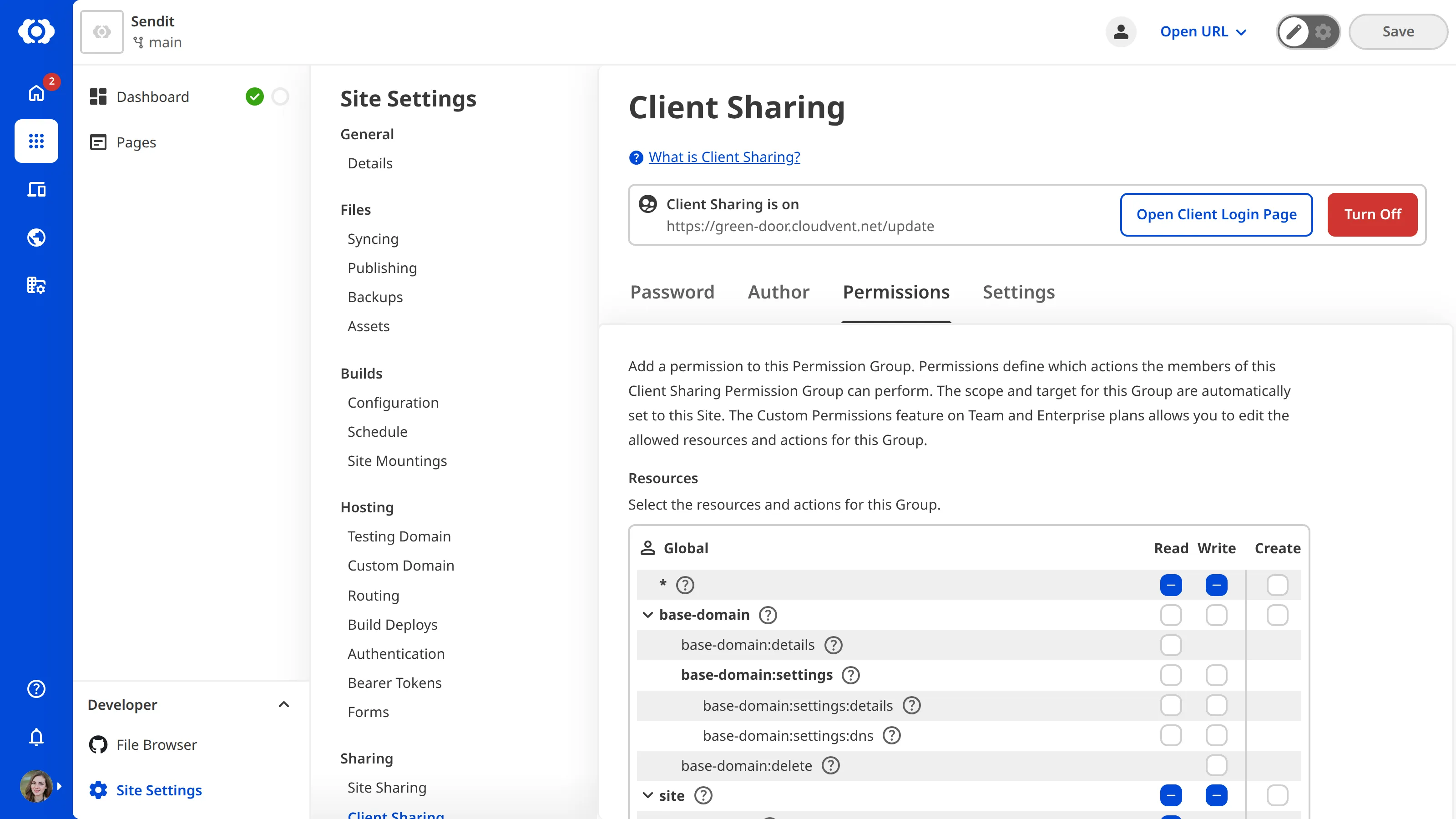 A screenshot of the Permissions tab on the Client Sharing page shows the resources and actions Clients are permitted to take for this Site.