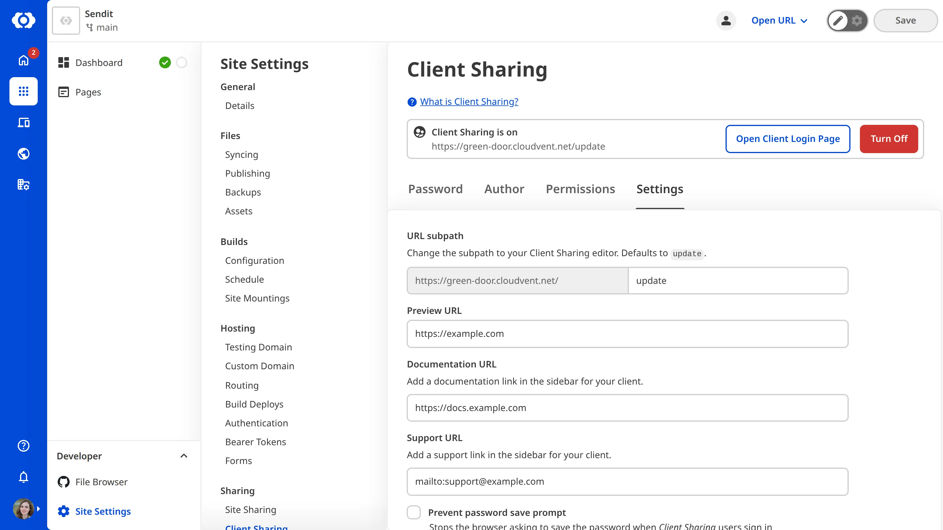 A screenshot of the Settings tab on the Client Sharing pages shows a field to update the URL subpath of your Client Login page and a checkbox to prevent browsers asking to save Client passwords.