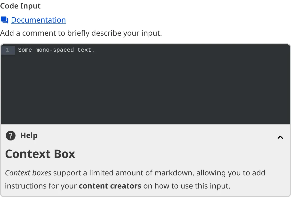 A screenshot of the Code Input in the Data Editor with a Context Box underneath the code area.