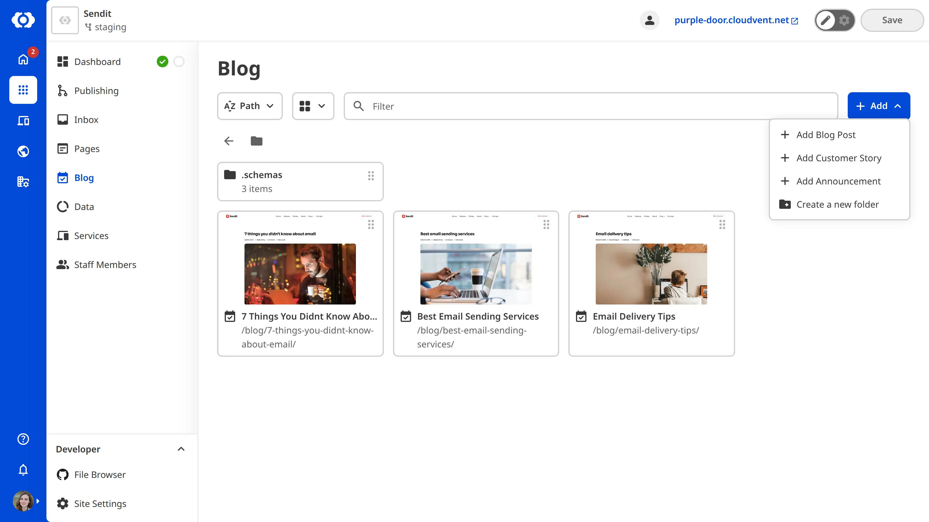 A closeup of the Collection Browser Add menu shows a schema for creating new articles.