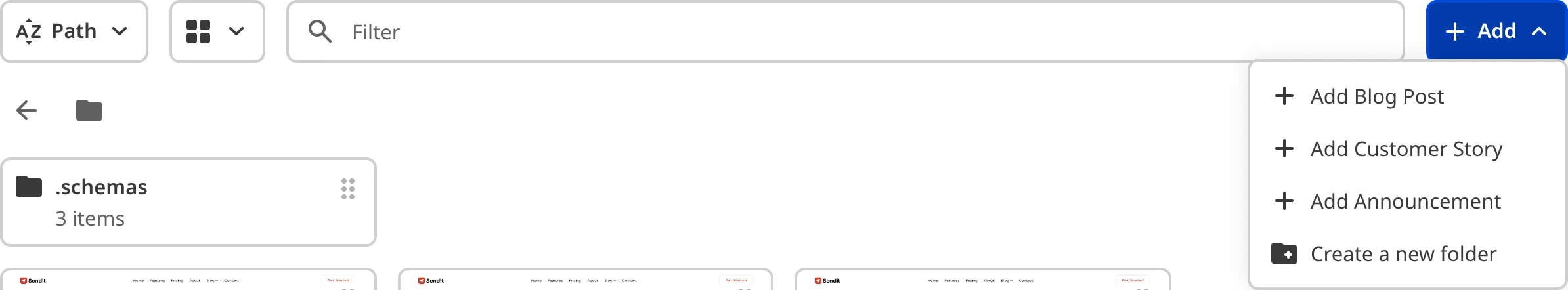 A closeup of the Collection Browser shows the controls bar and multiple options in the Add dropdown.
