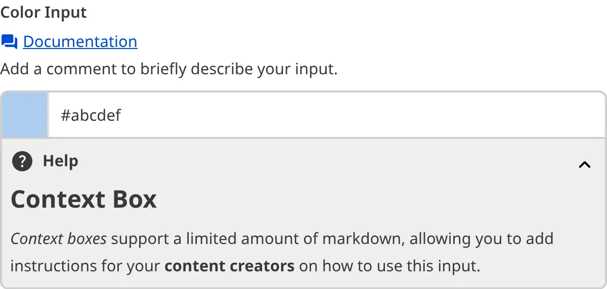 Color Input with Context Box A screenshot of the Color Input in the Data Editor with a Context Box underneath the text field.