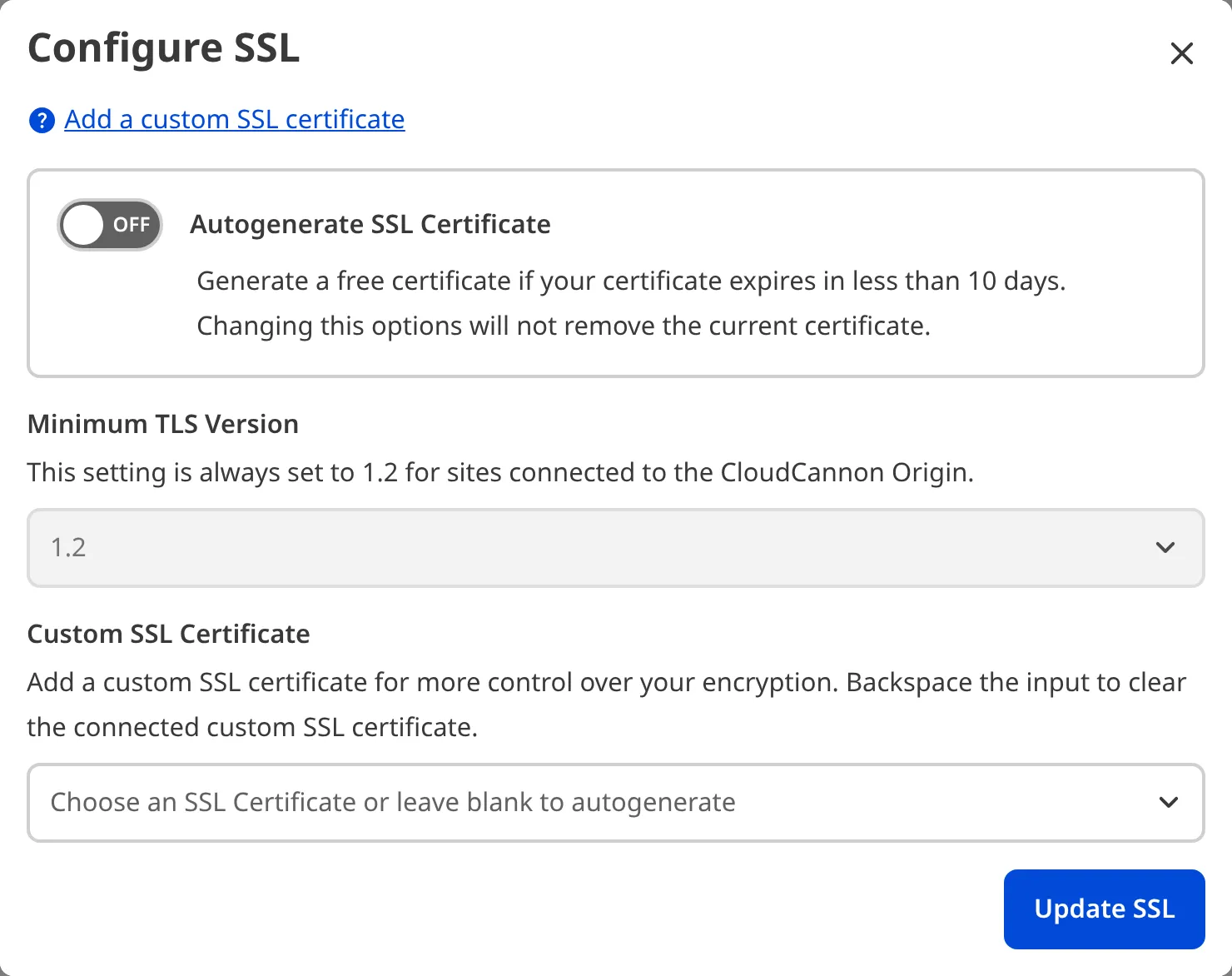 A screenshot of the SSL settings modal shows fields for Minimum TLS Version, Validation Method, and a wildcard certificate checkbox.