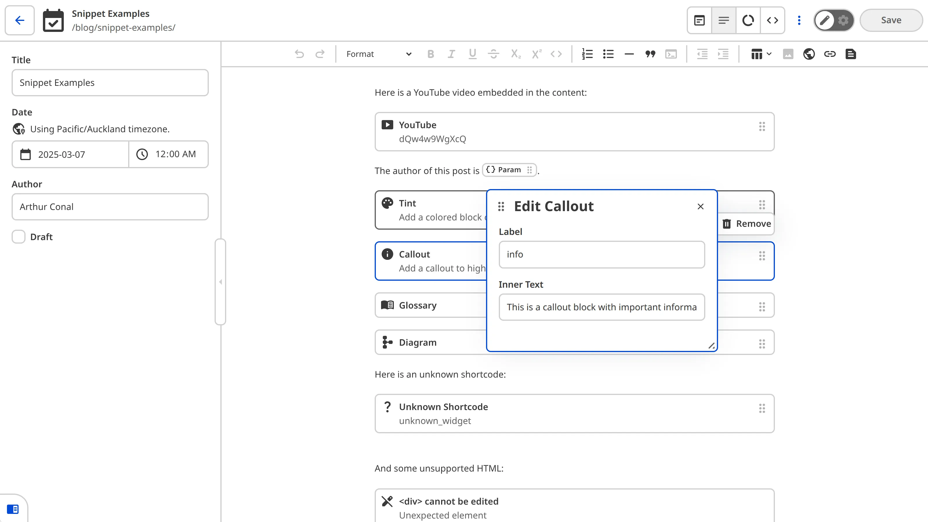 The Content Editor showing a Callout Snippet block selected with the data editor panel open, displaying Label and Inner Text inputs.